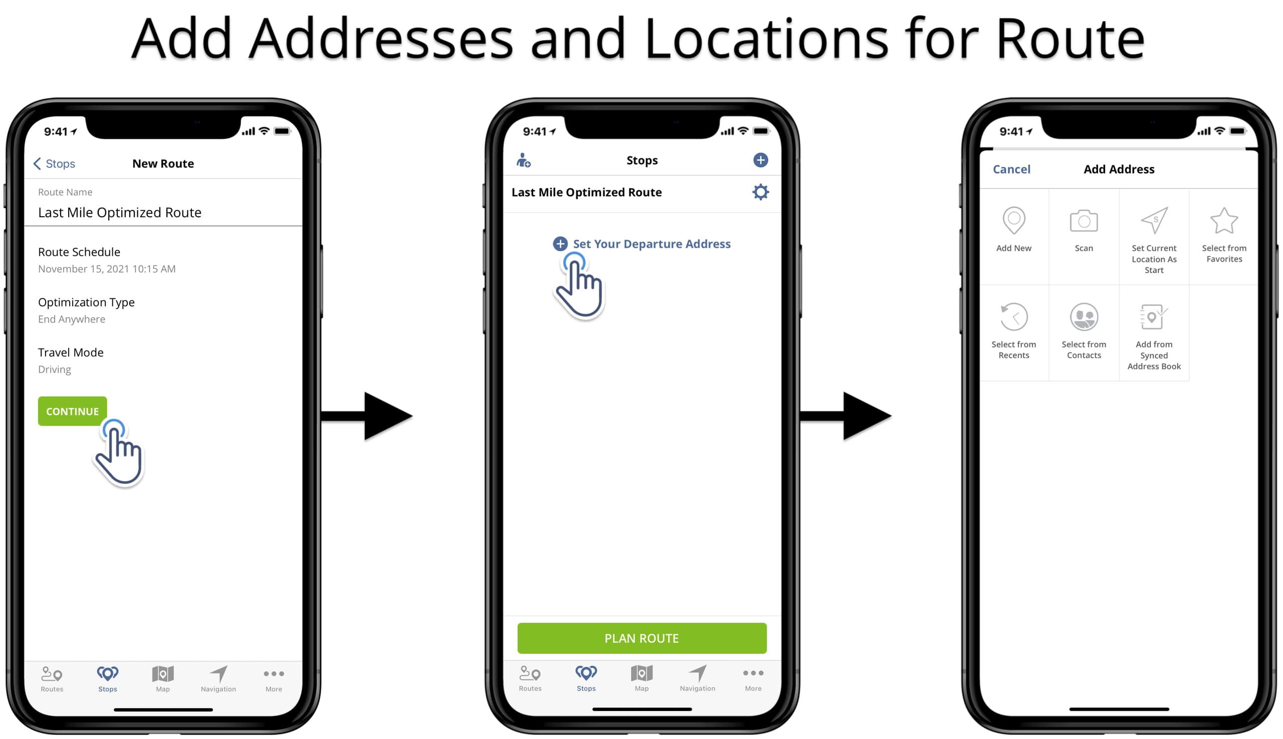 Add addresses for planning routes on Route4Me's routing app for iPhone and iPad.