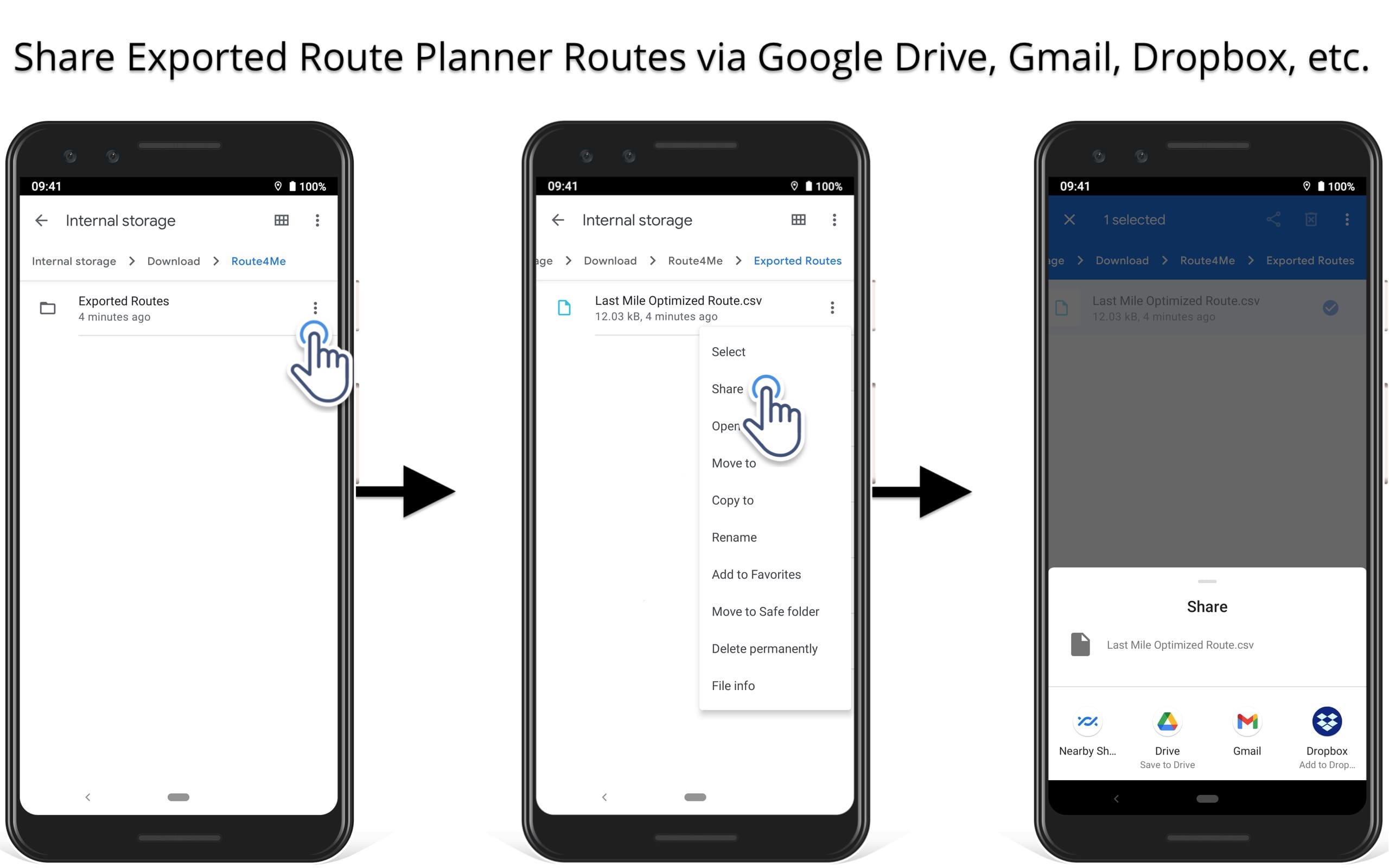 Send route planner downloaded routes via Gmail, Google Drive, Dropbox, Slack, and other apps.