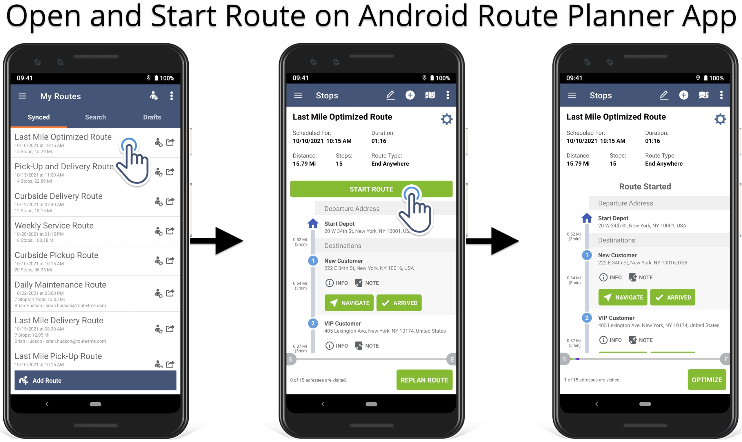 Open and start route on Route4Me's Android Route Planner app to start route navigation.