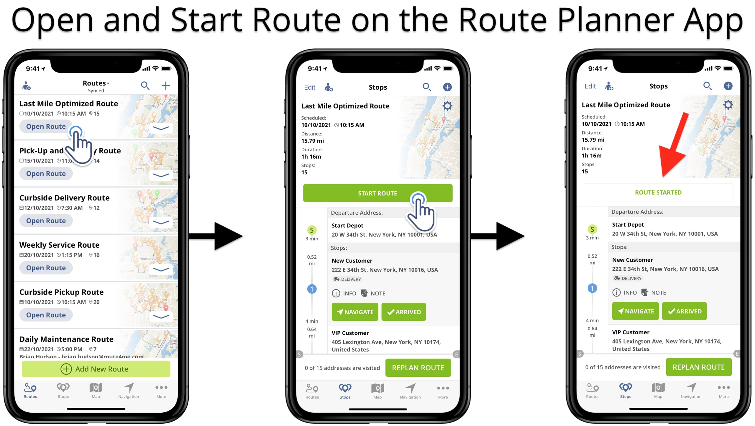 Open and start planned and scheduled route on Route4Me's iOS Route Planner app for iPhone.