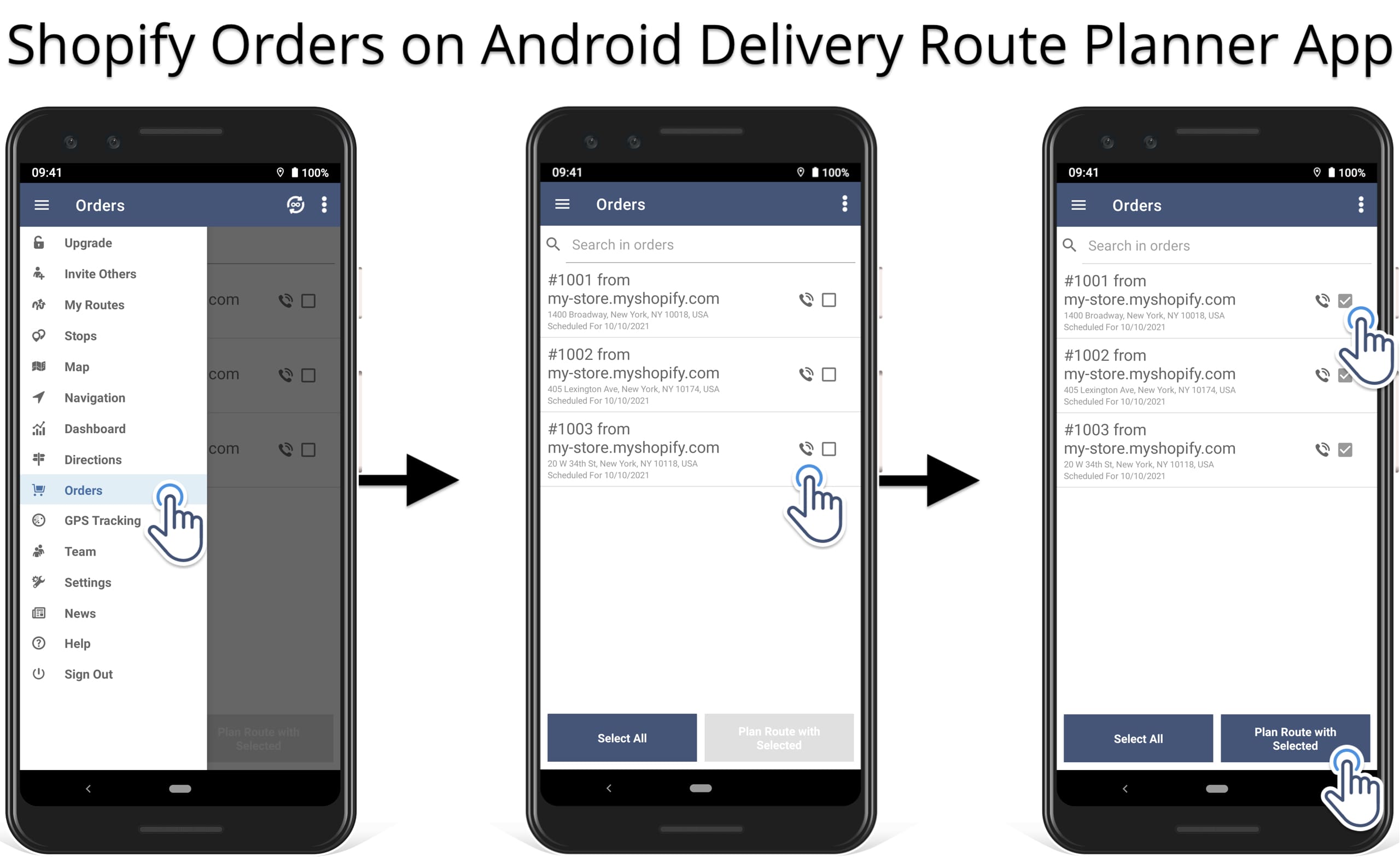 Plan driver routes for online orders on the Android Shopify Local Delivery Route Planner app.