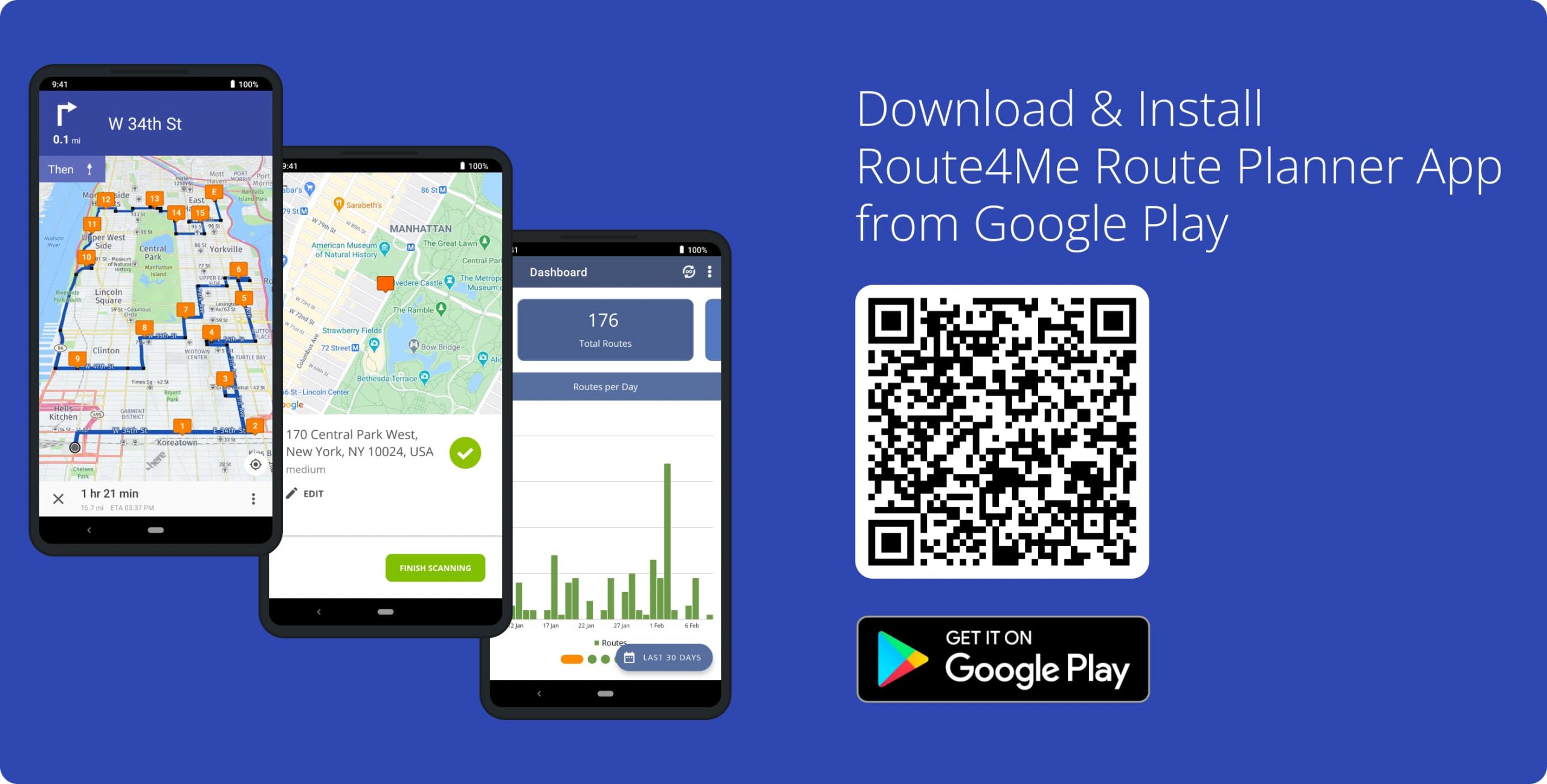 Download and install Route4Me's Android Route Planner app on your smartphone or tablet from Google Play.