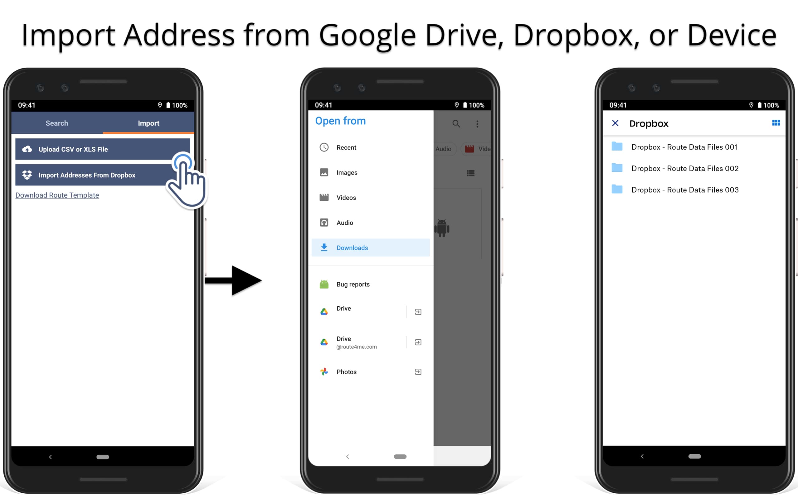 Import addresses from Google Drive, Dropbox, and your Android device into route planner