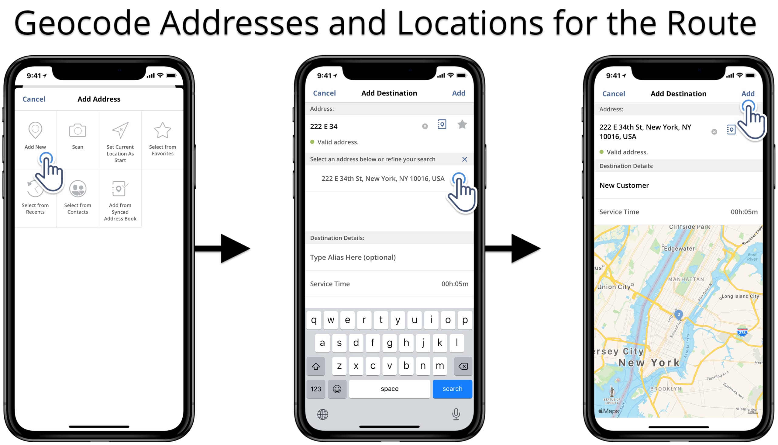 Geocoding addresses and locations on the iOS route planner app to add destinations to the route.
