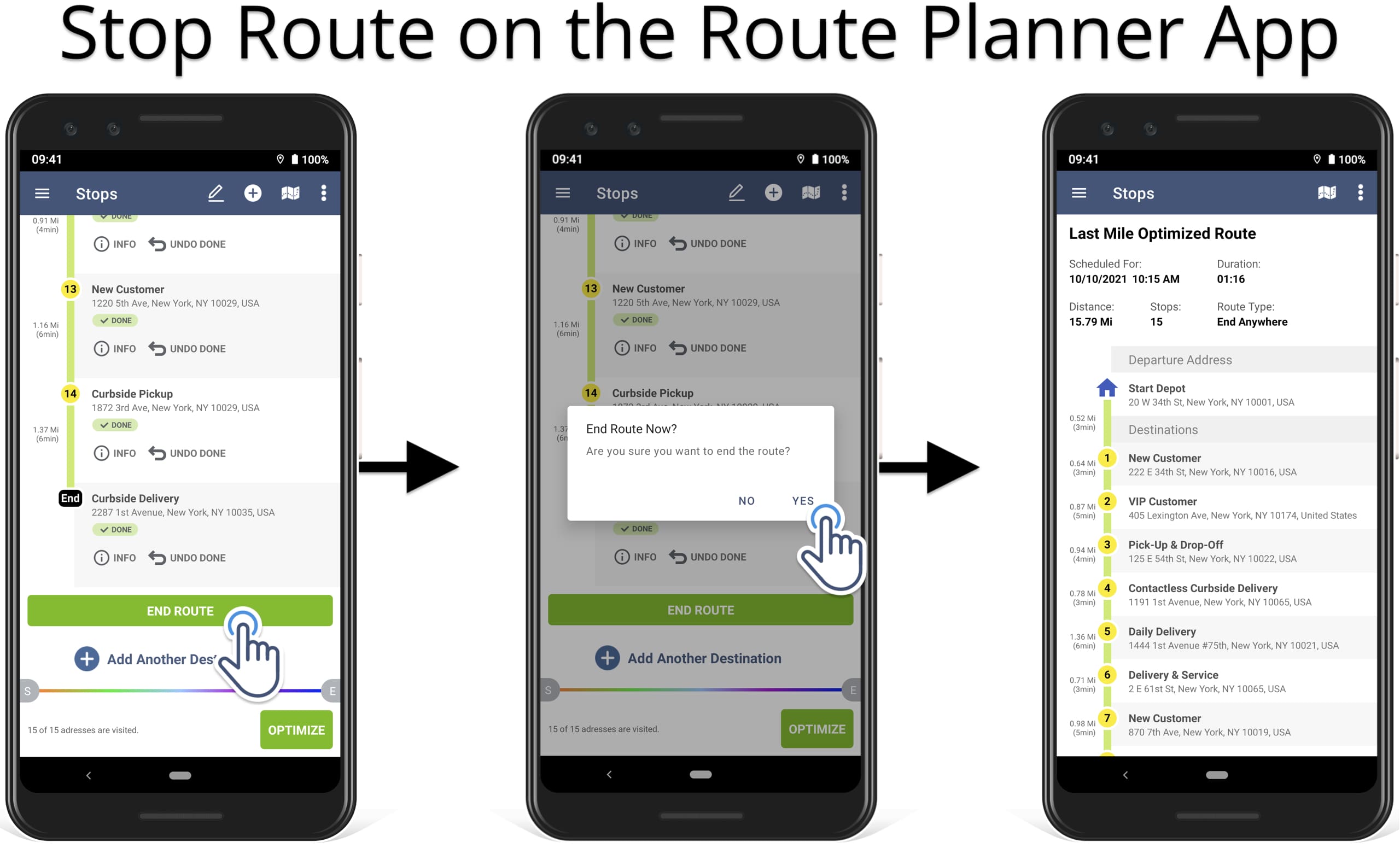 End route on Android Route Planner app to stop navigation and tracking delivery route progress.