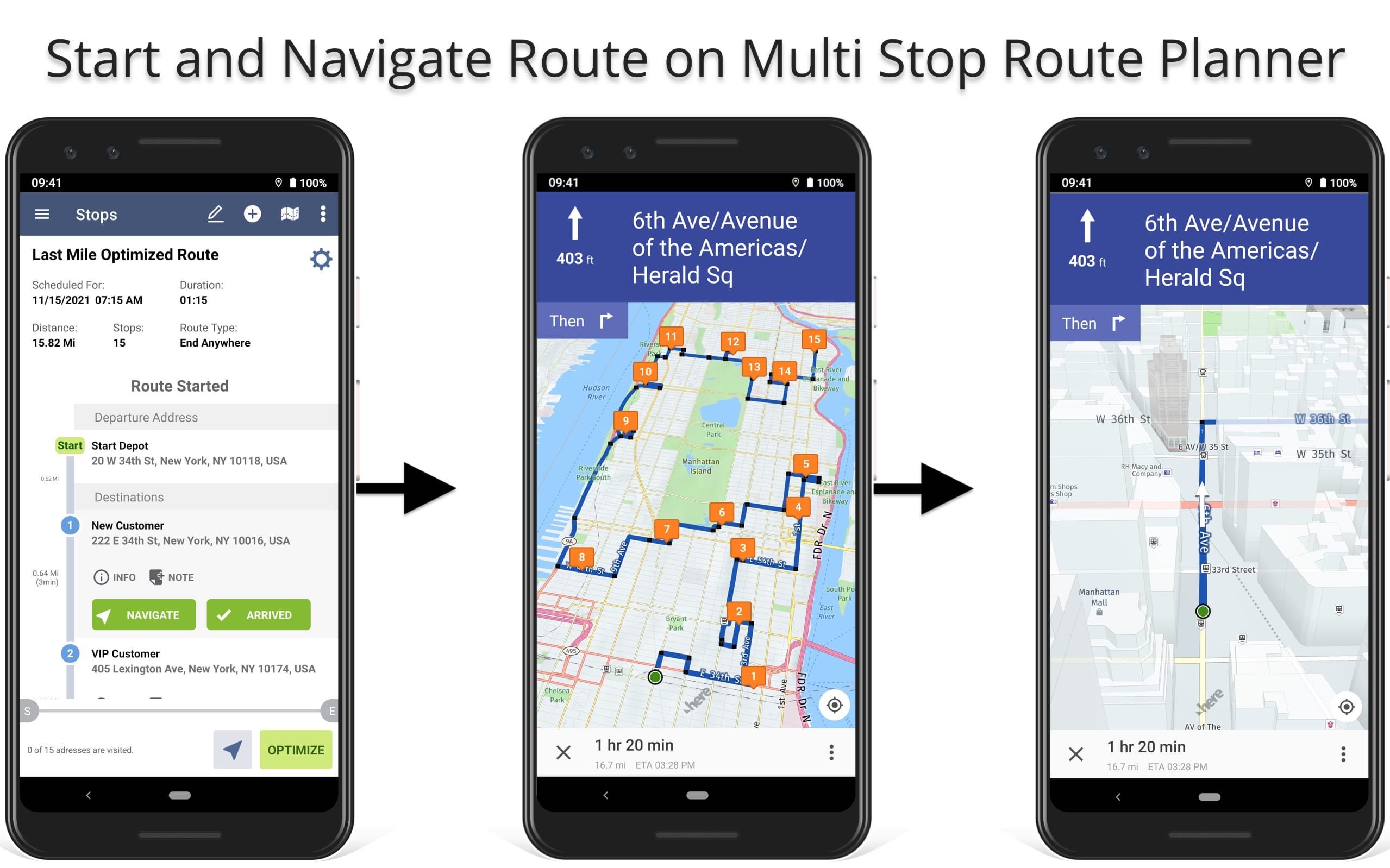 Start and navigate the optimized route using voice-guided navigation on Multi Stop Route Planner