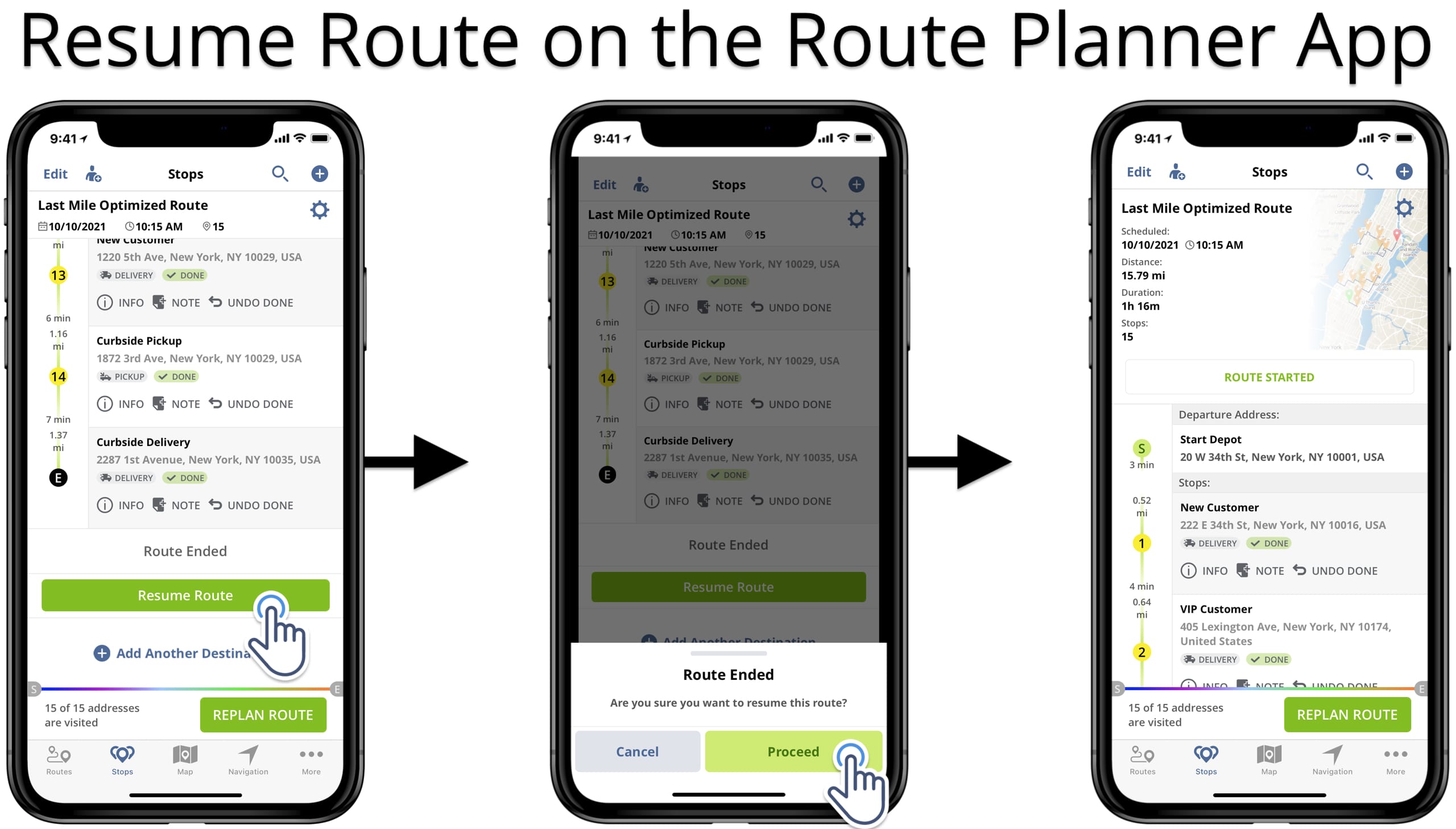Resume route on the iOS route planning app to resume route navigation continue the route.