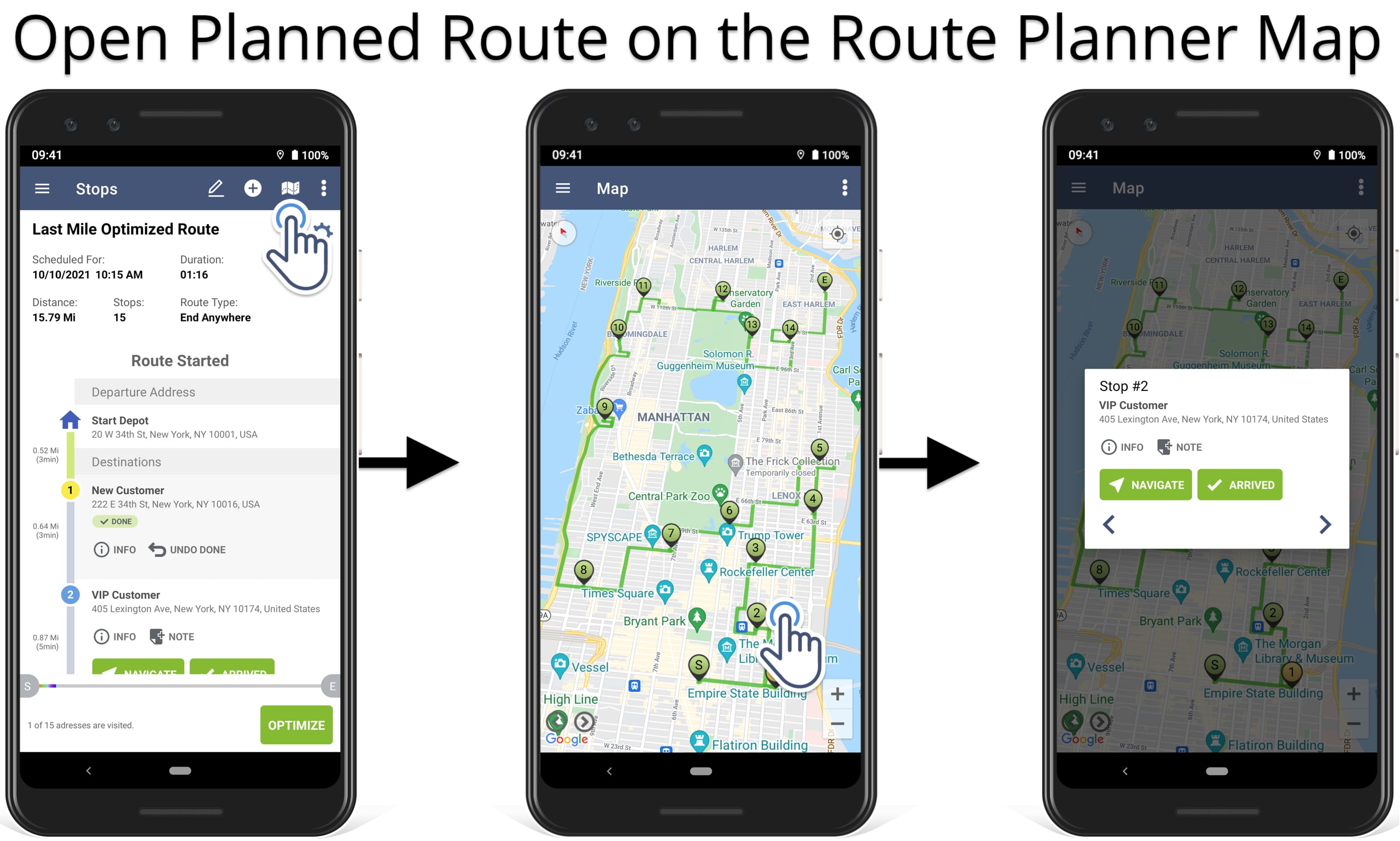 Open and view the route on the map using Route4Me's Mobile Android Route Planner app.