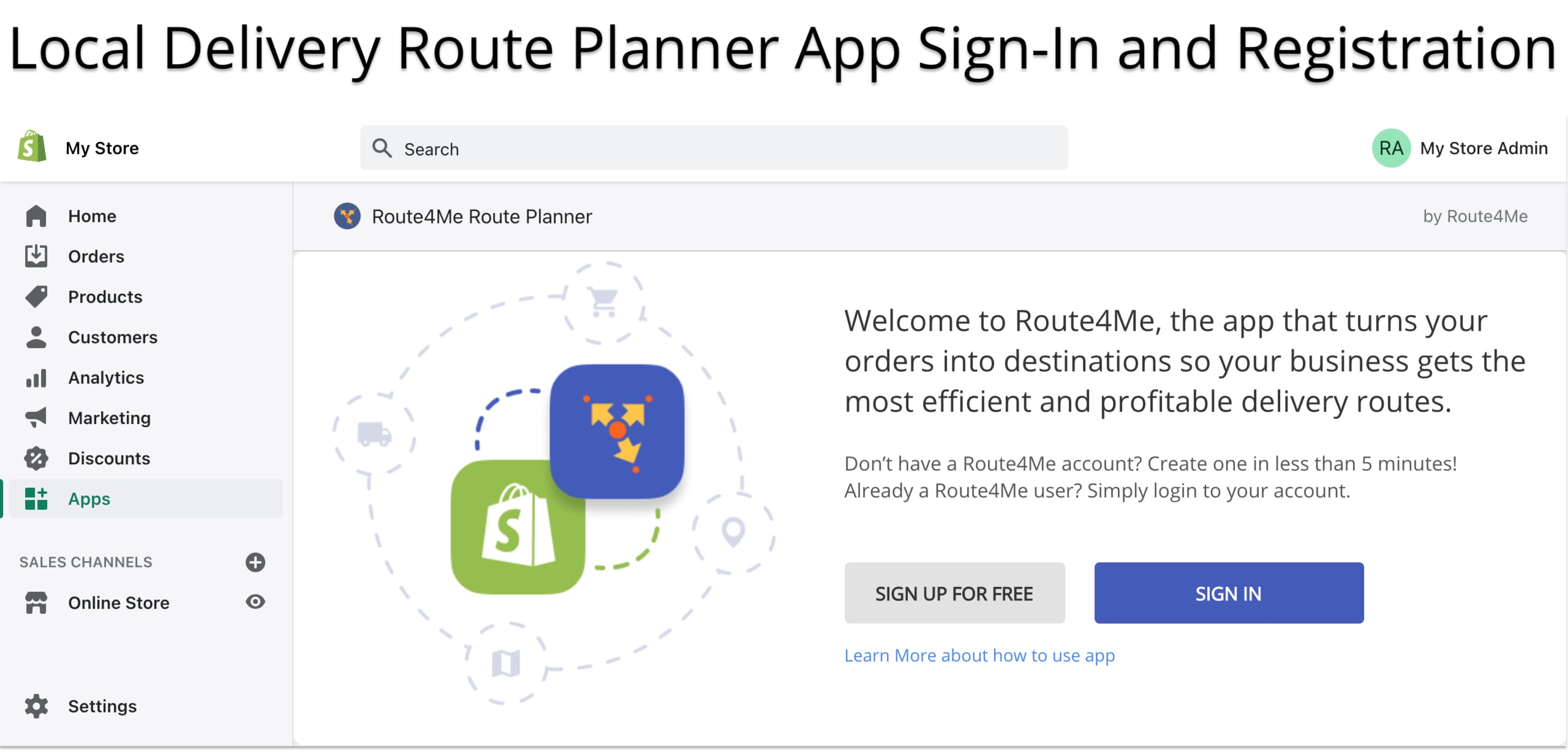Log in or create a new Shopify route planner for local delivery subscription and Route4Me account.