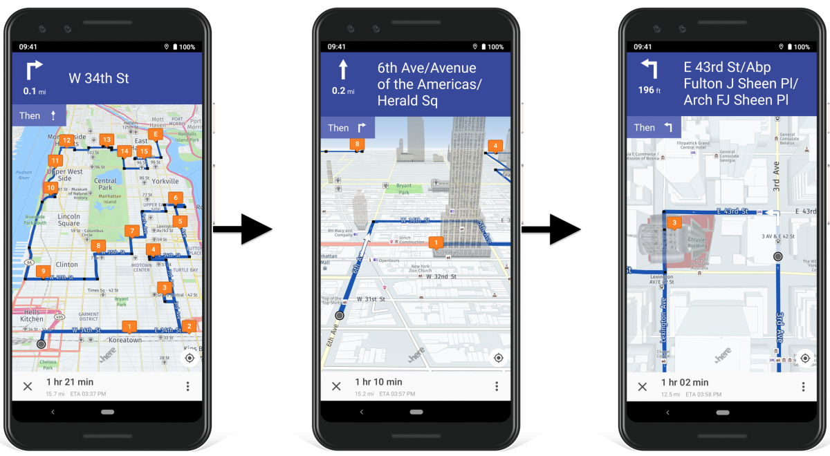 In-app navigation shows estimated arrival time at the last stop and remaining navigation time.