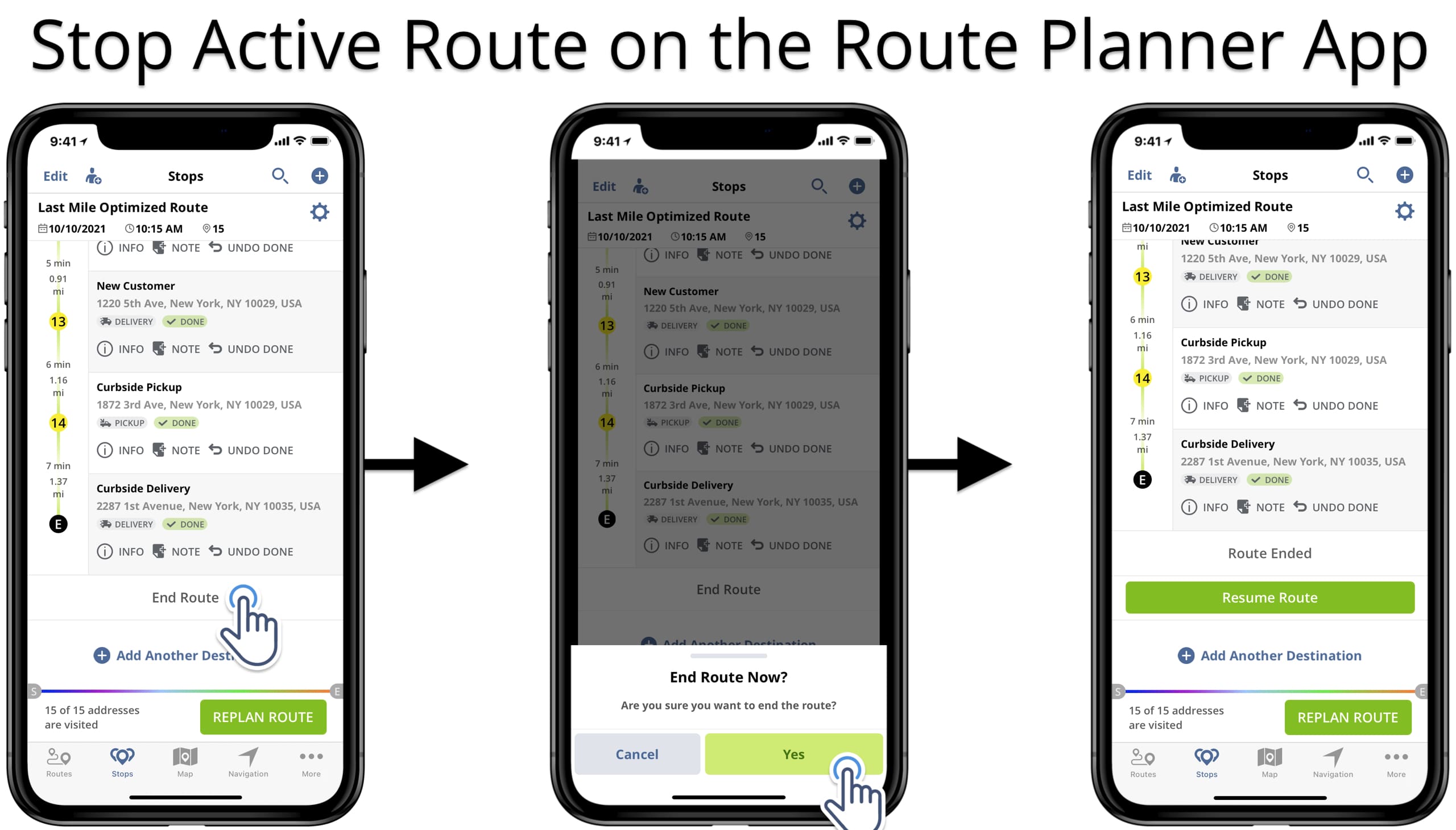 End route on the iOS Route Planner app to stop route navigation and save route progress.