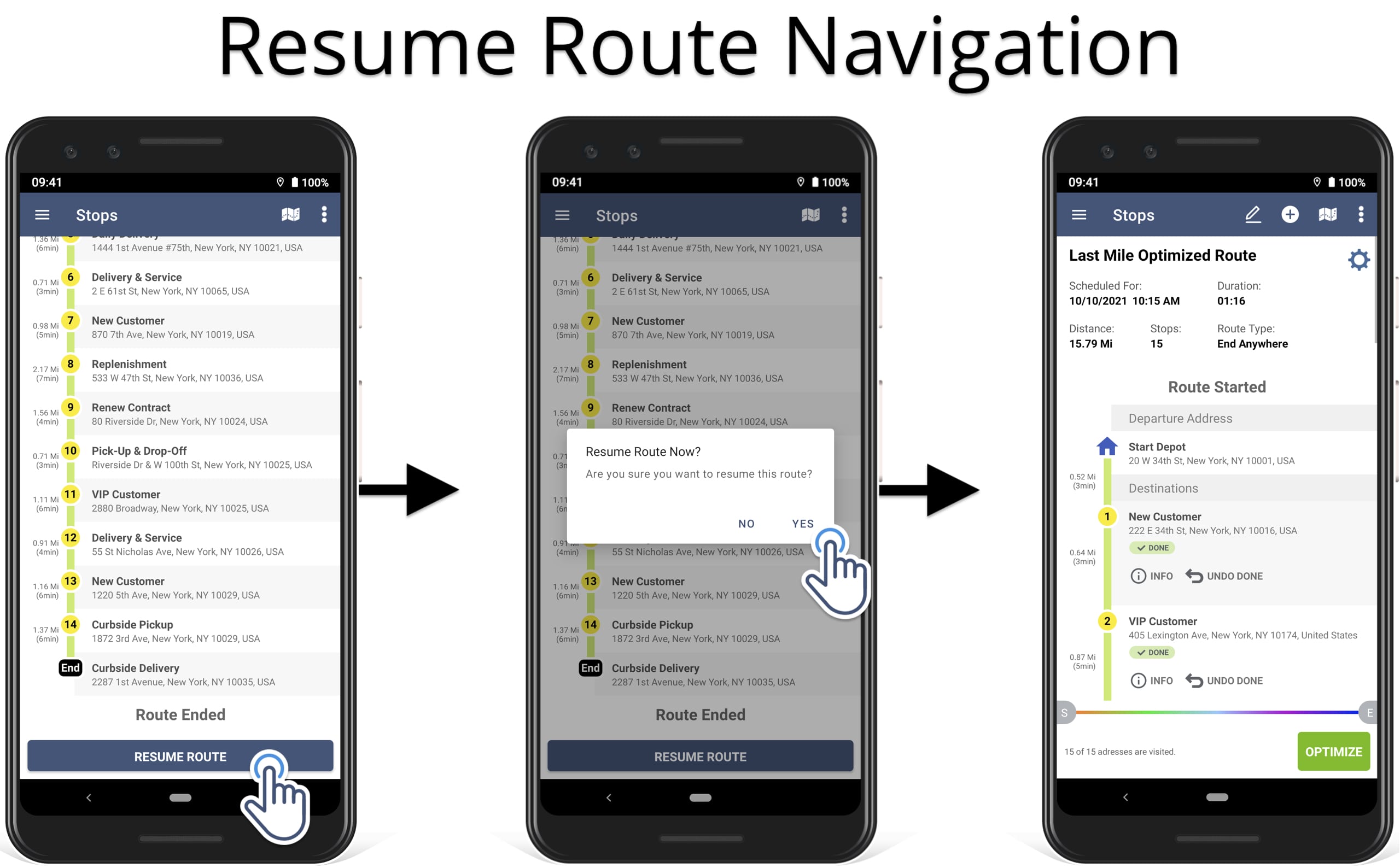 Resume route on the Android Route Planner app to continue navigation and route progress.