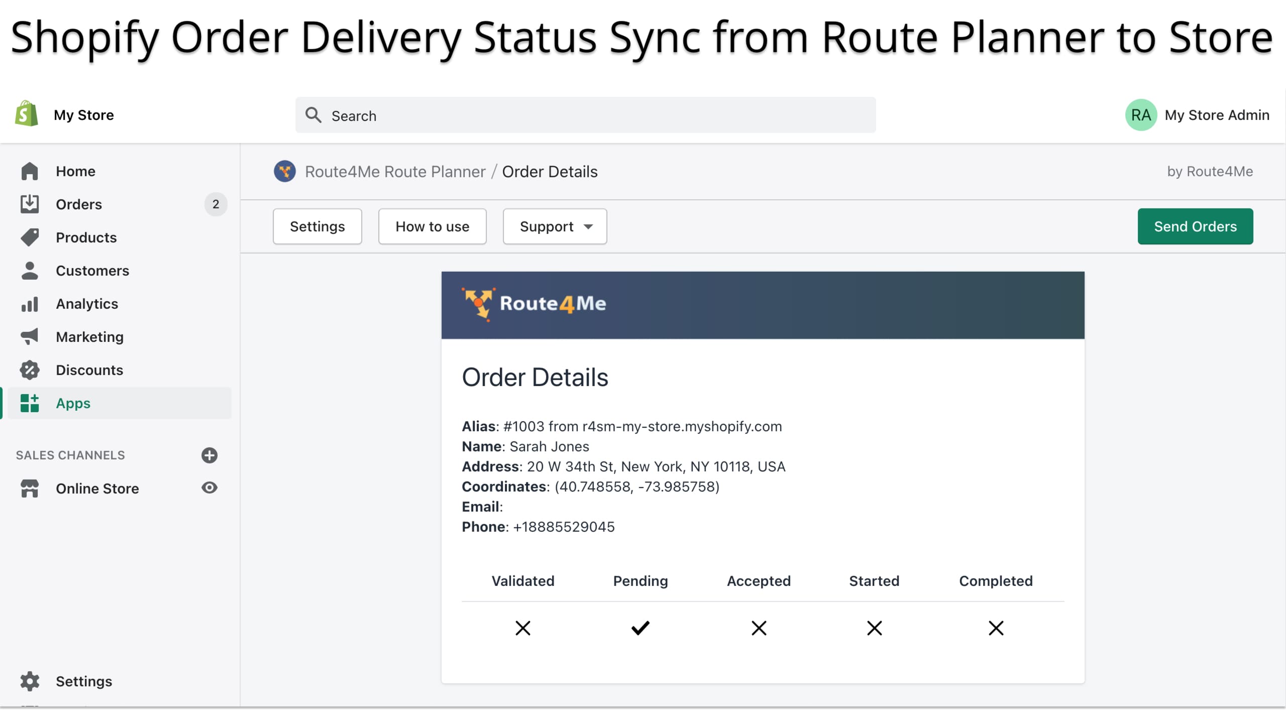 Shopify order delivery statuses synchronized with the route planner for the local delivery app.