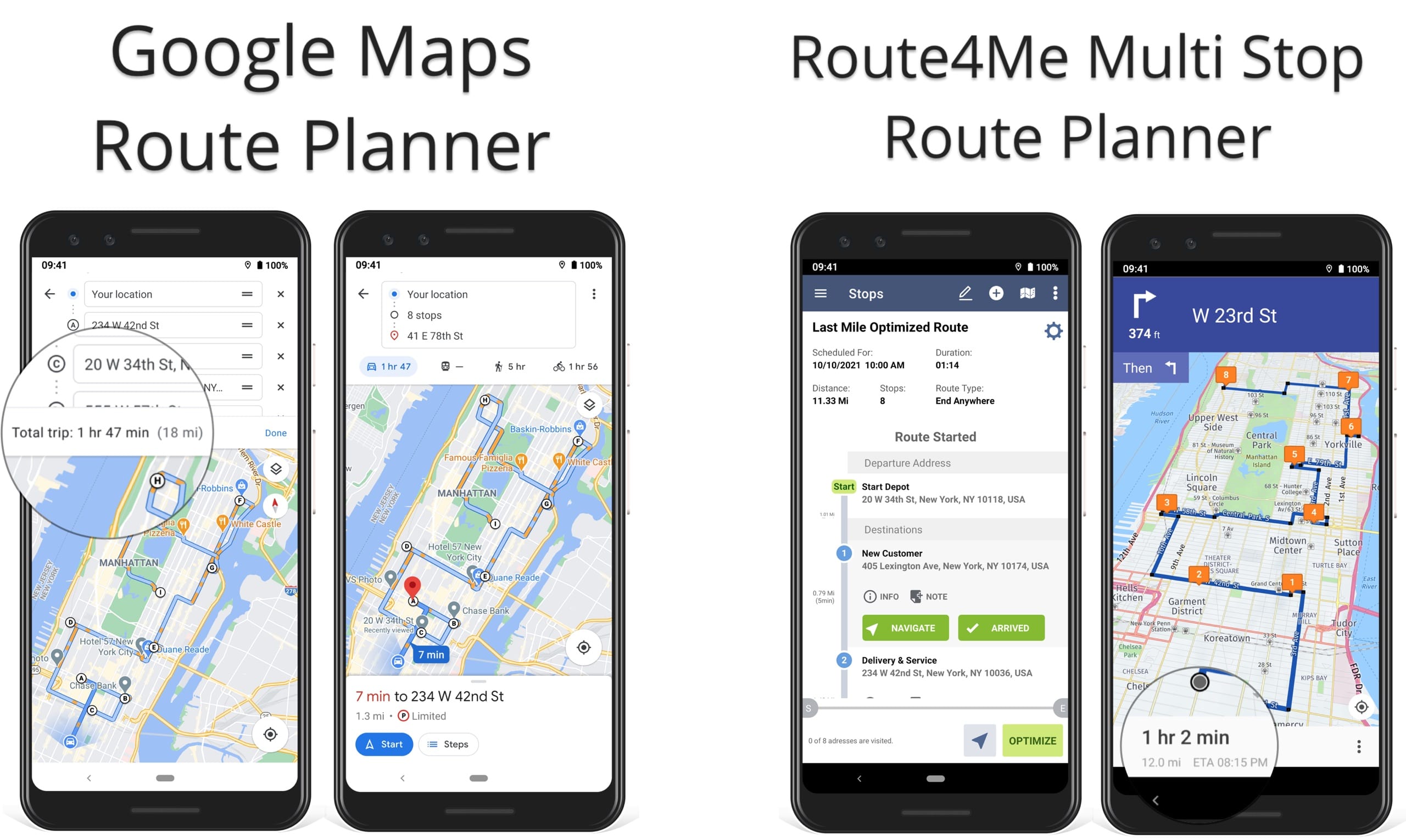 Google Maps Route Planner vs Route4Me Multi Stop Route Planner app