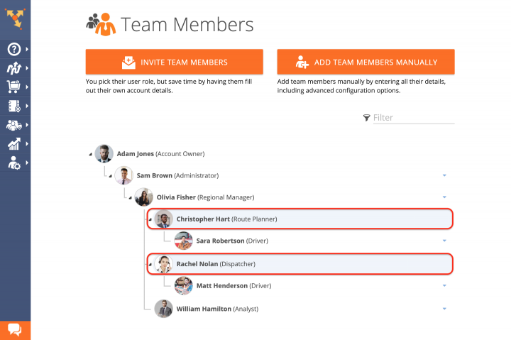Route4Me Team Hierarchy by User Type