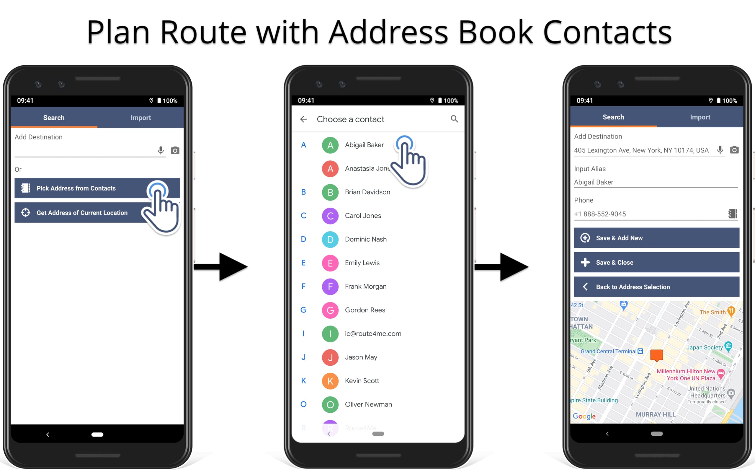 Add contacts and addresses from your Android device's address book to route planner to plan routes