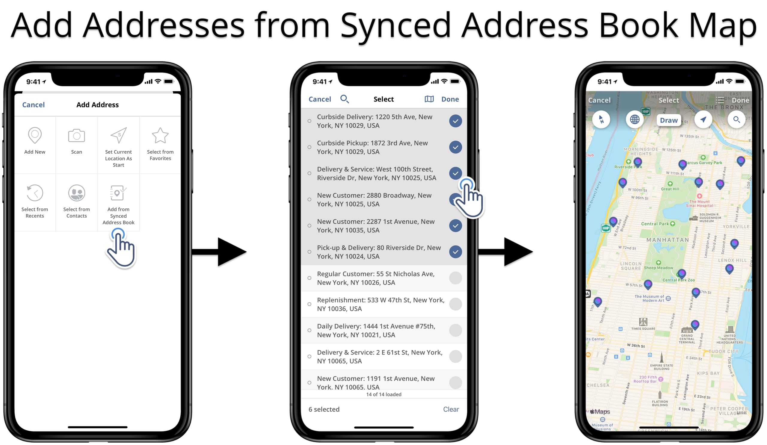 Adding destinations to the route using addresses and contacts from the synced address book.