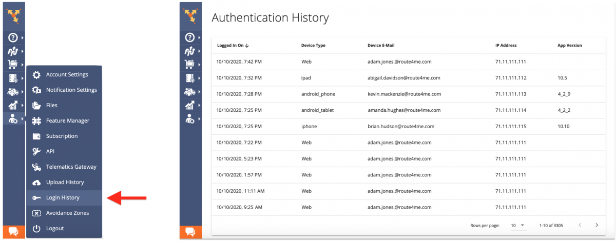 Login History - Viewing the Authentication History of All Members Associated with Your Primary Route4Me Account