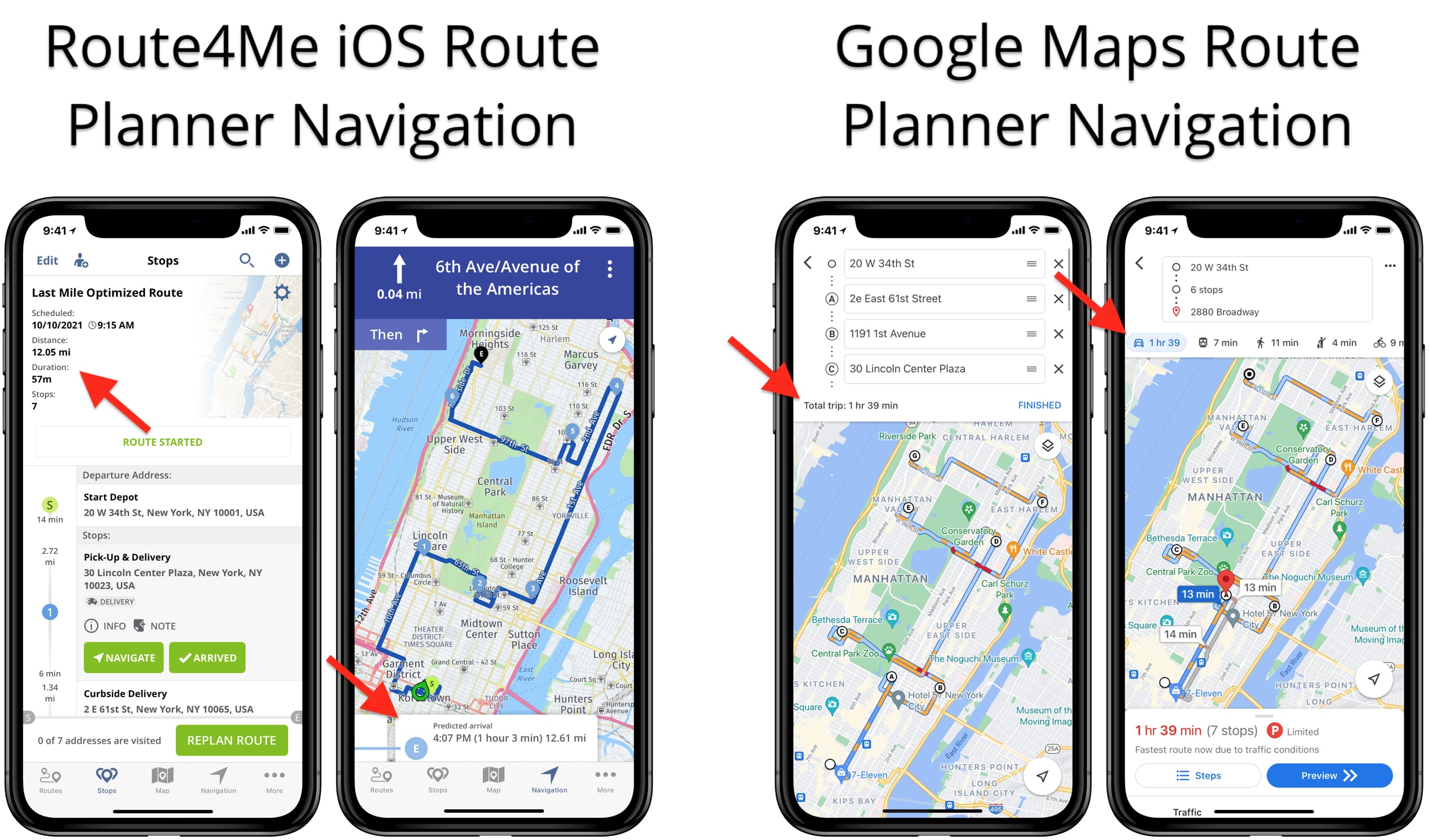 Navigating routes with the Google Maps route planner navigation and Route4Me's iOS routing app.