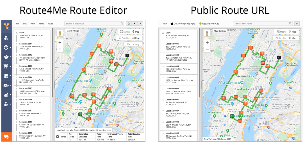 The shared route contains limited information about the route without the ability to edit it.