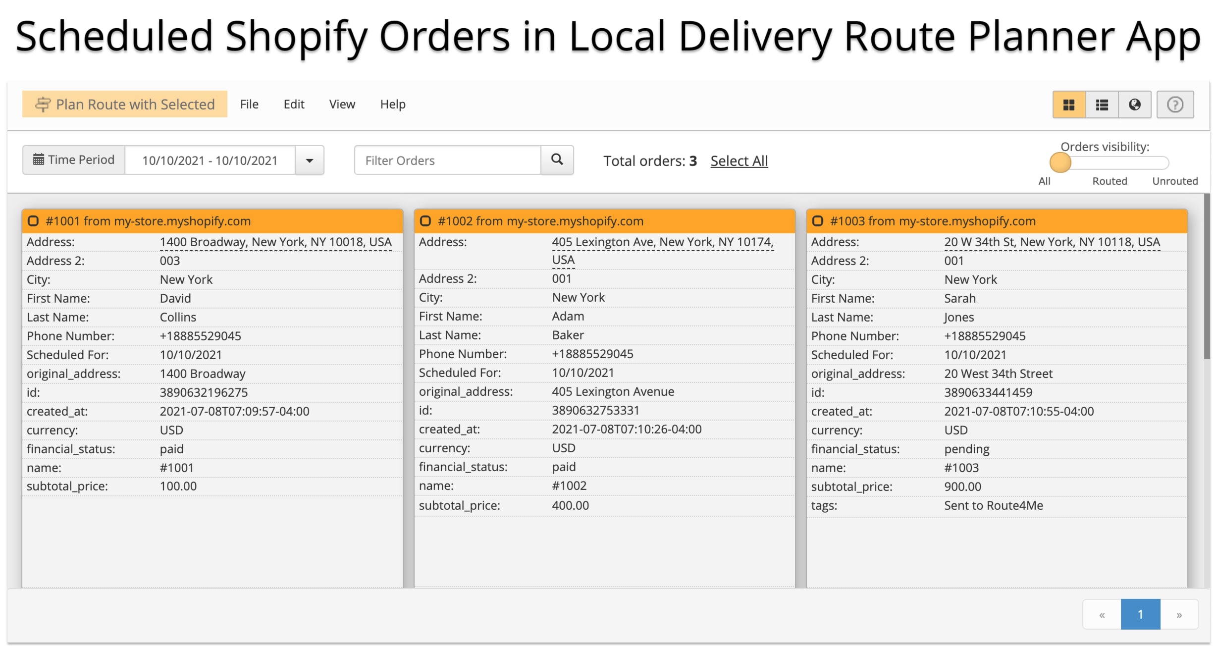 Open sent and scheduled Shopify online orders in the Route4Me route optimization software.