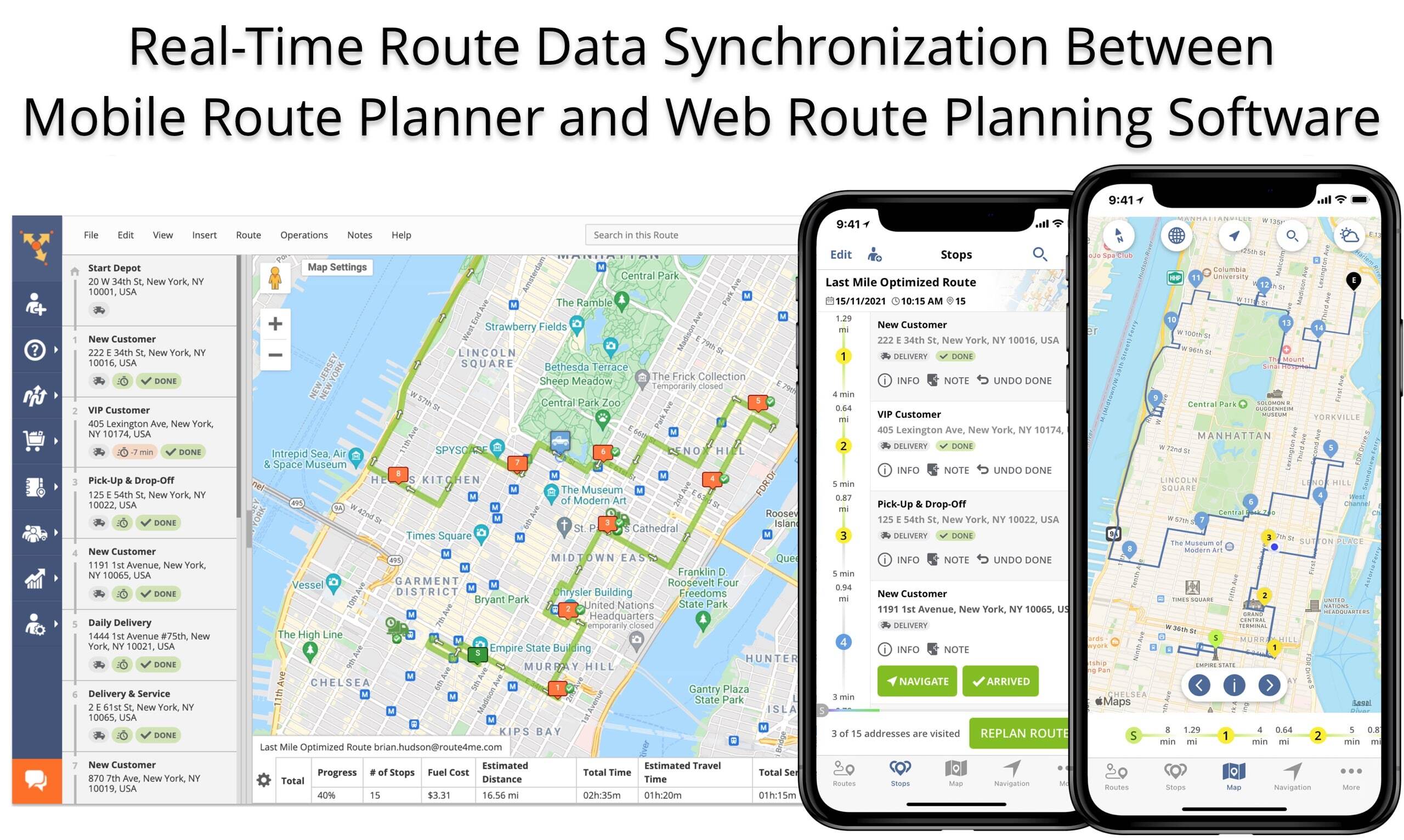 Real-time routing data synchronization between Route4Me's Website and mobile route planner app.