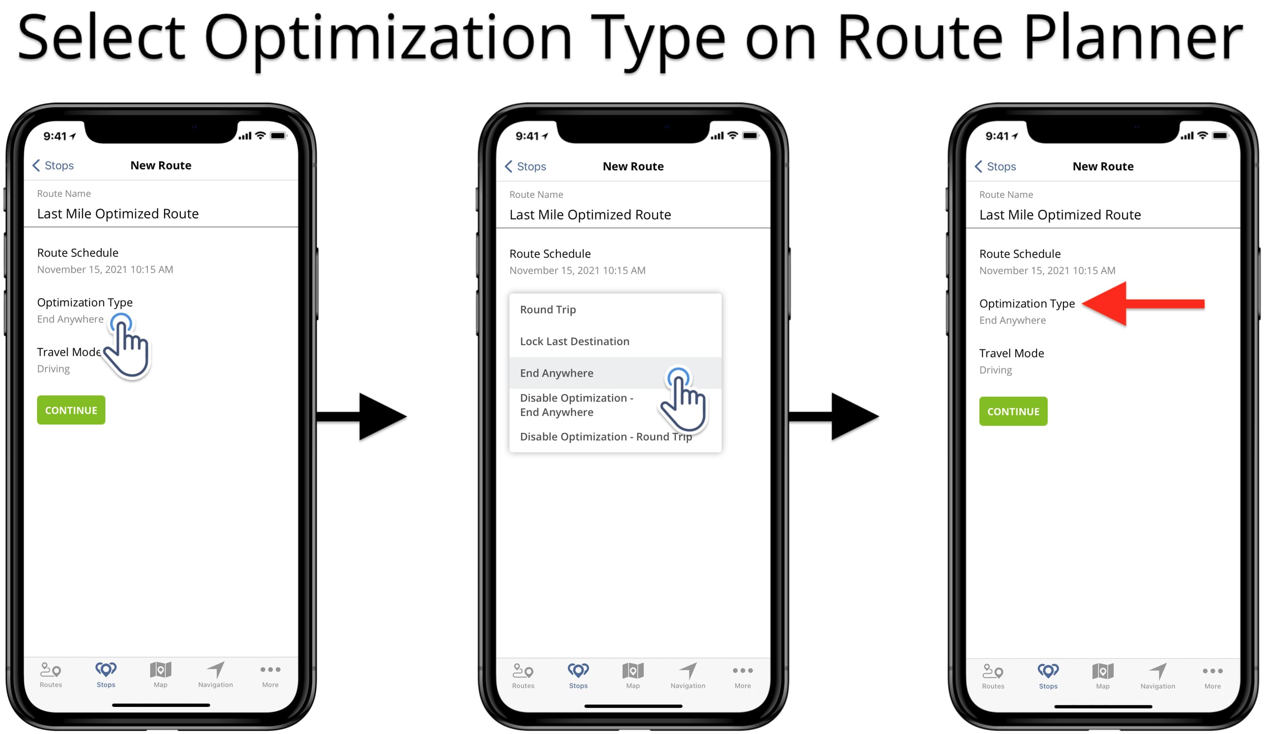 Select optimization type for planning a route on Route4Me's iOS mobile routing app.