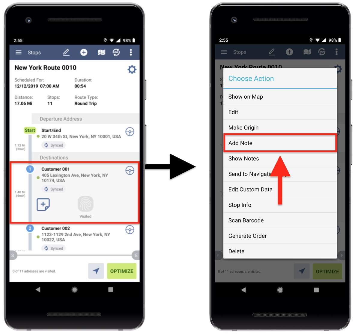 Showing how to access the Add Note feature of Route4Me route planner