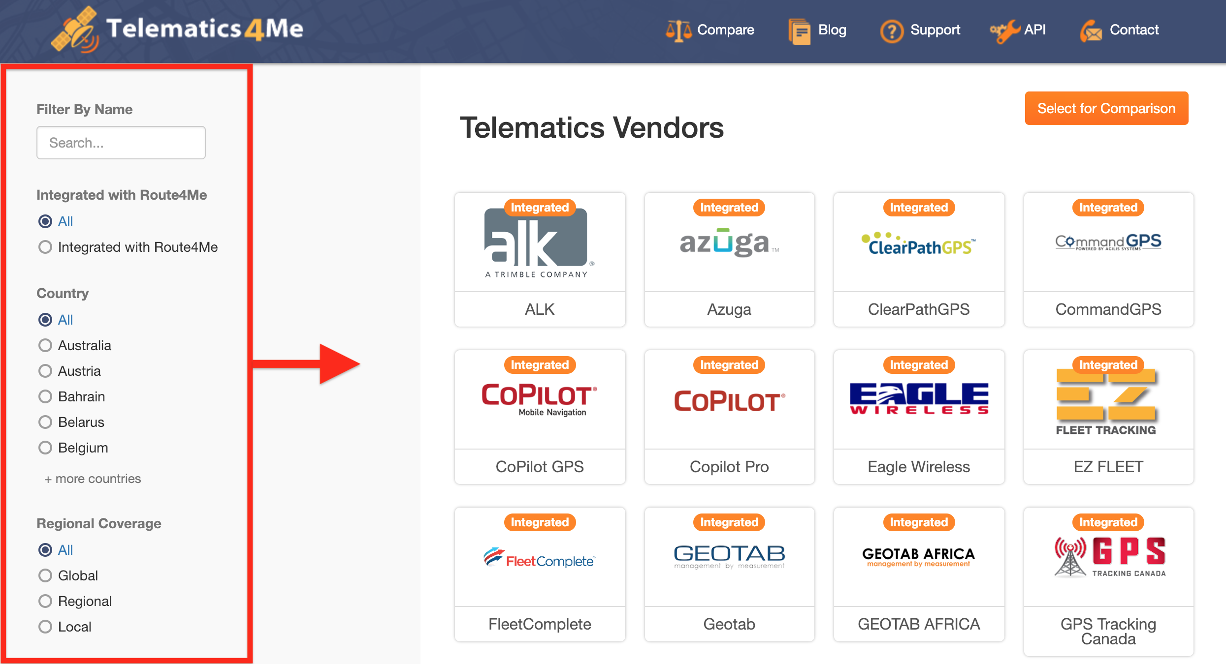 Route4Me telematics vendors filters in action