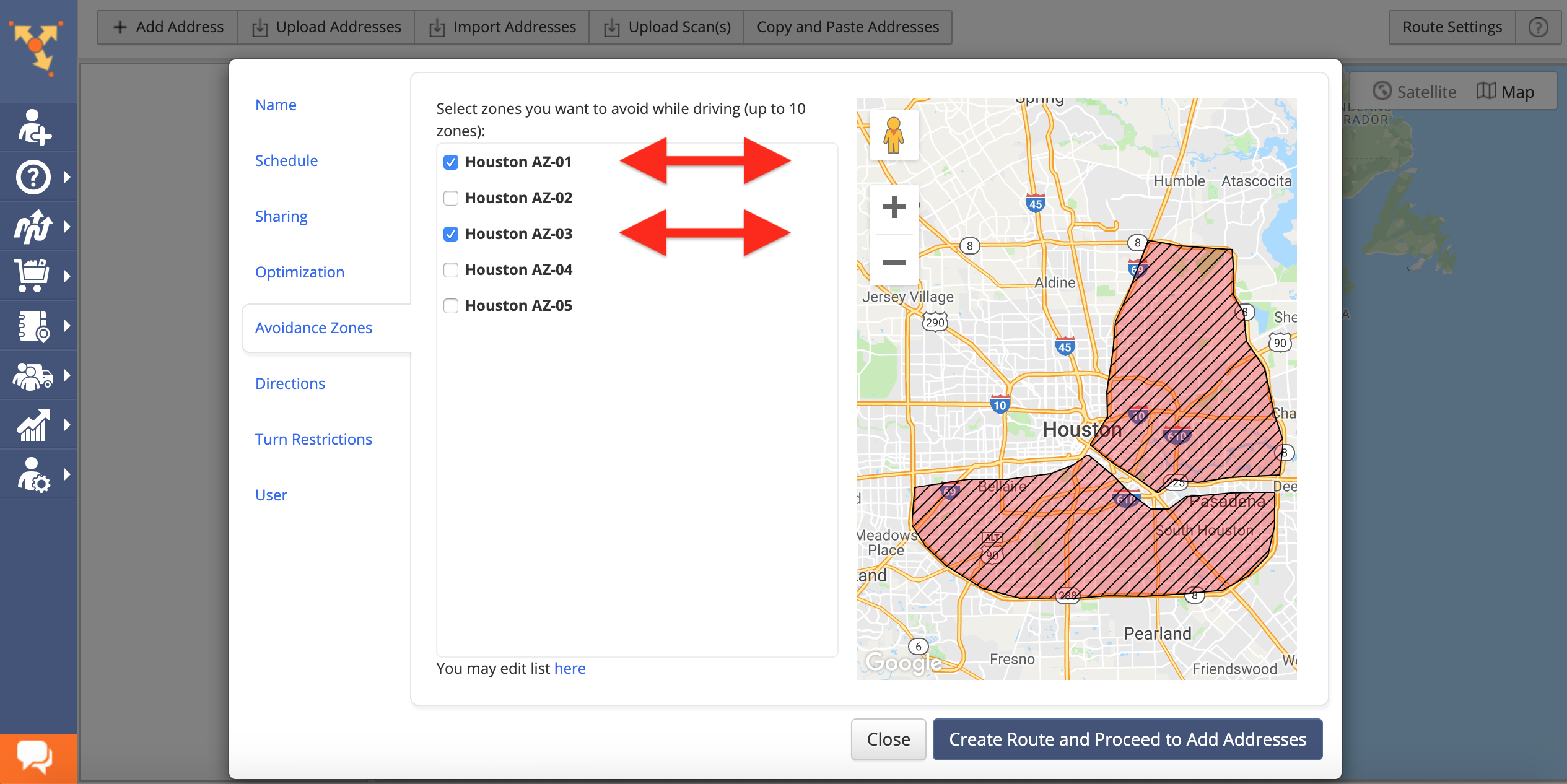 Showing how to apply one or multiple Avoidance Zones to a route in Route4Me route planner app