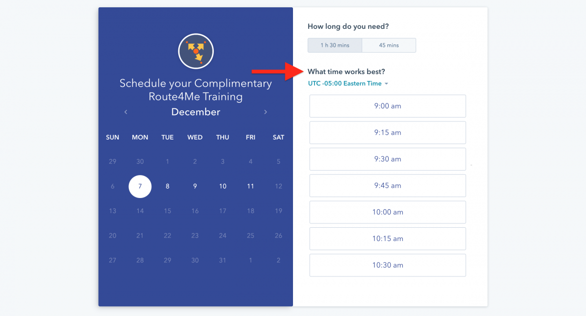 Select the time zone to schedule a training session to learn how to use route optimization software.