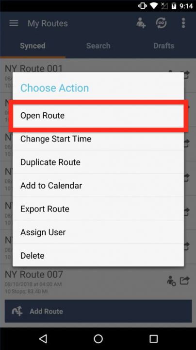 Viewing and Opening Routes and Stops on an Android Device