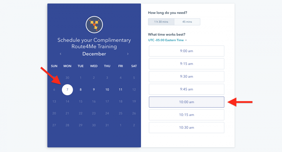 Pick the preferred time and date for your training session to learn how to use the route planner.