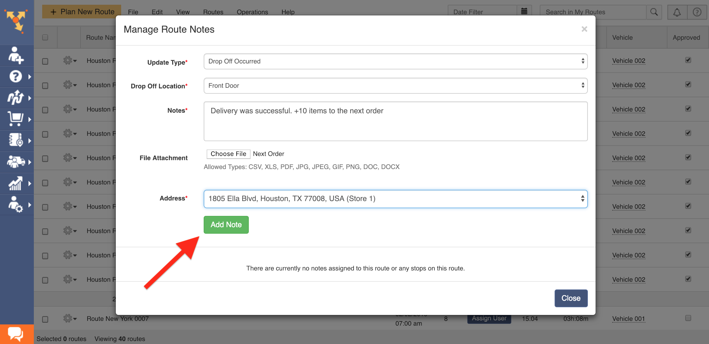 Showing how to use Route4Me's Add Note feature