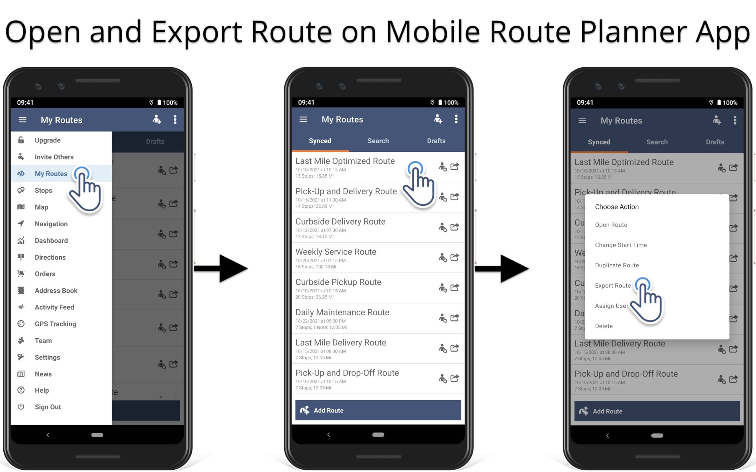 Export planned routes from the route planner app to your Android smartphone or tablet.