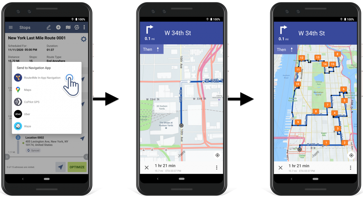 Select Route4Me In-App Navigation to start navigating the optimized route from the current location.