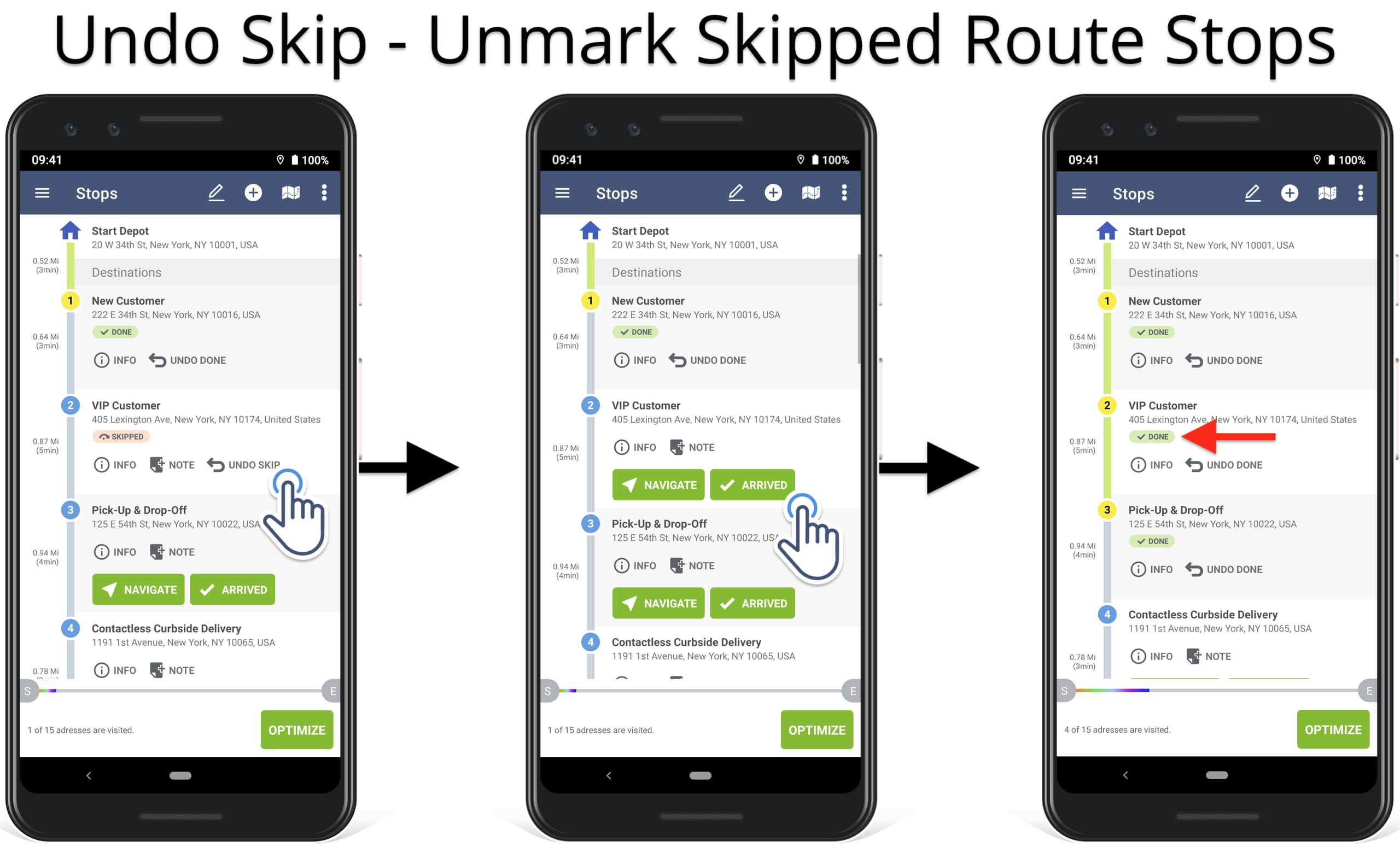Undo skipped route stops on the route planner app when tracking the route progress.