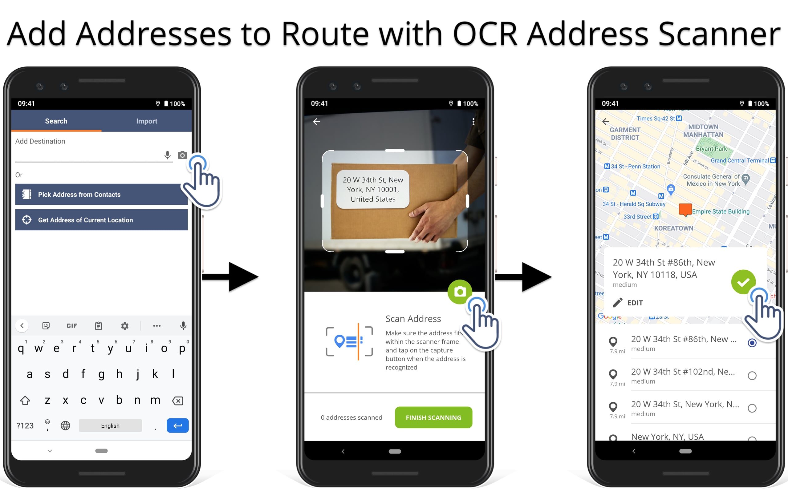 OCR address scanner scans addresses on labels to add them as destinations to the route