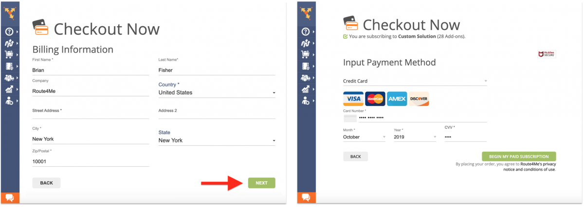 Purchase routing software with a credit card, Automated Clearing House (ACH), Amazon Pay, or PayPal.