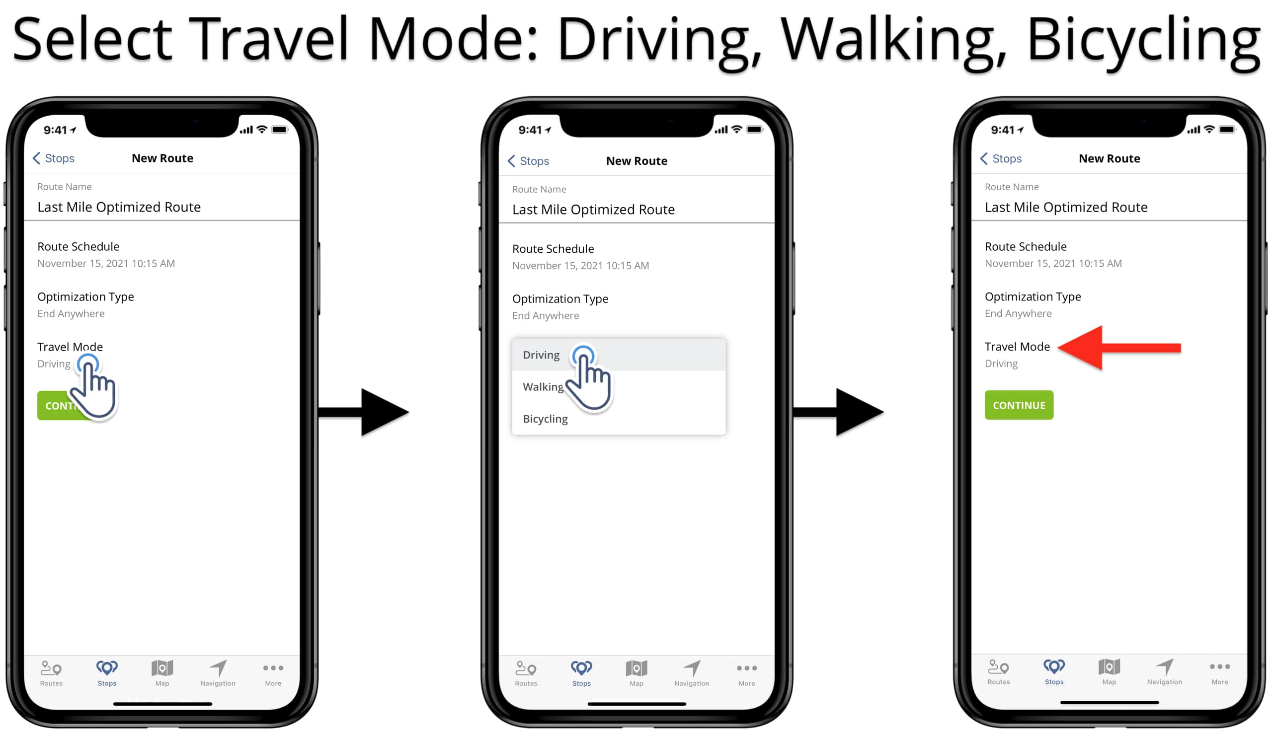 Select travel mode for driving, walking, and bicycling routing on the iOS Route Planner app.