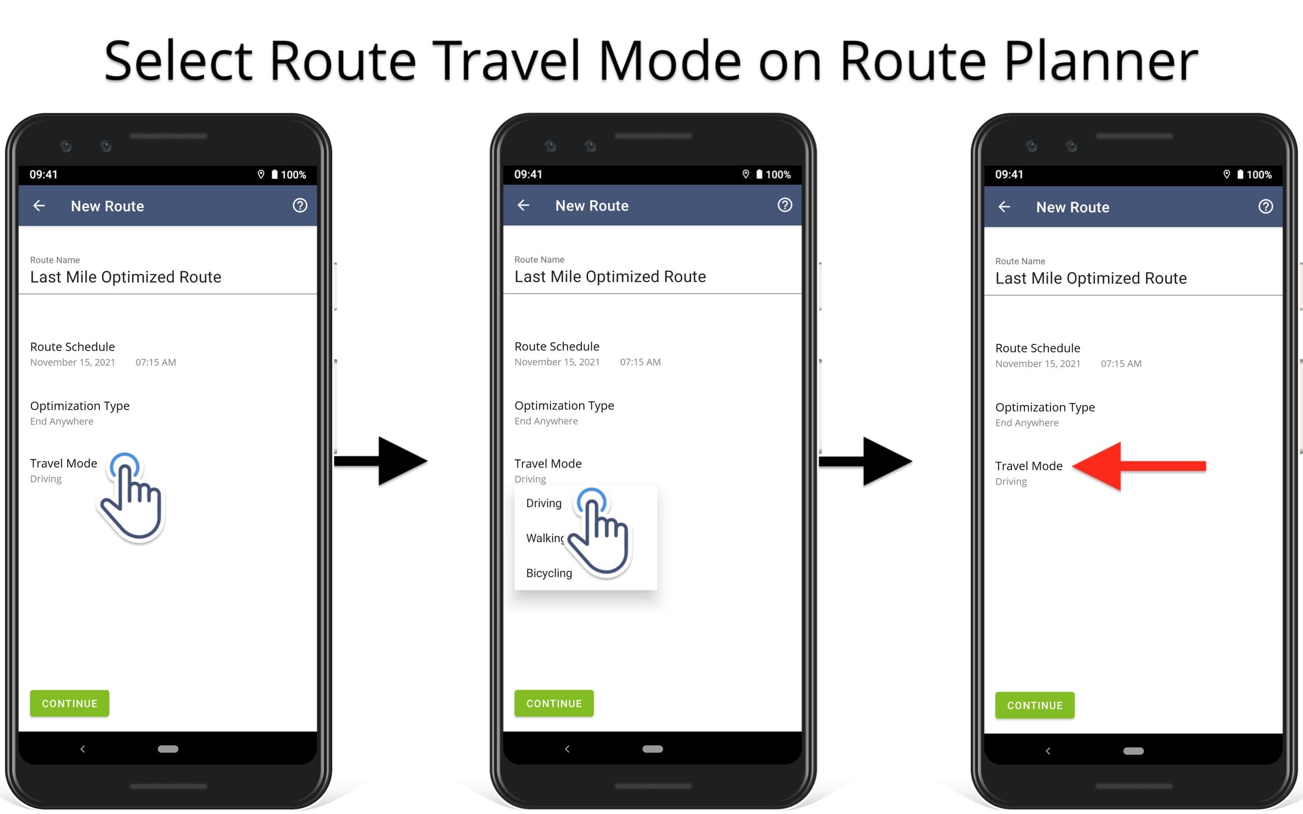 Select the route travel mode for driving, bicycling, and walking route optimization