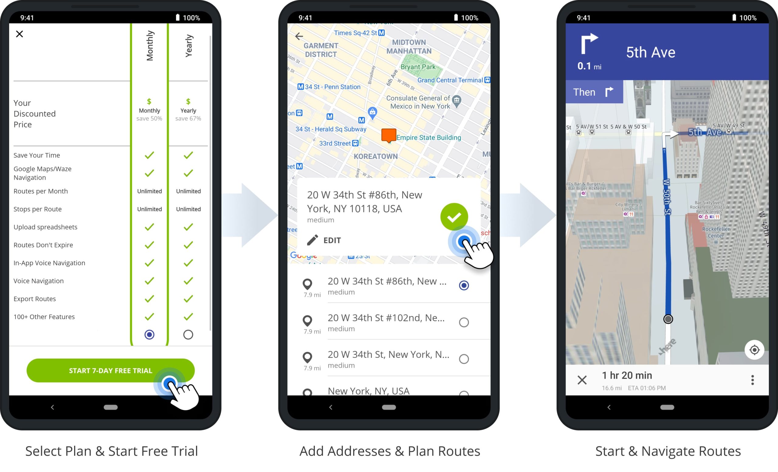 Launch the downloaded and installed Route4Me Android Route Planner and use it to sequence addresses and navigate routes.