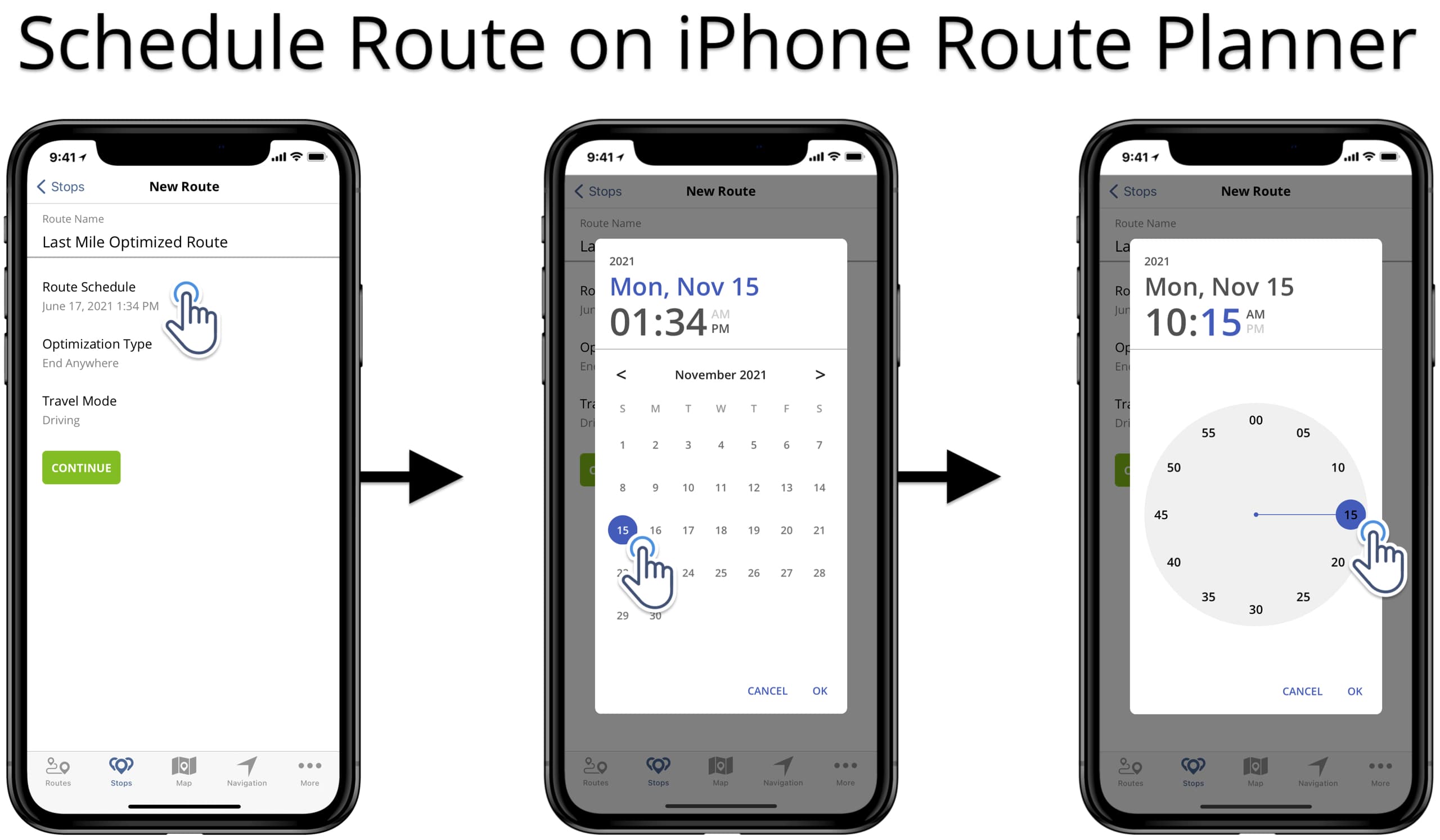 Scheduling a route for date and time on Route4Me's iOS Route Planner app for iPhone and iPad.