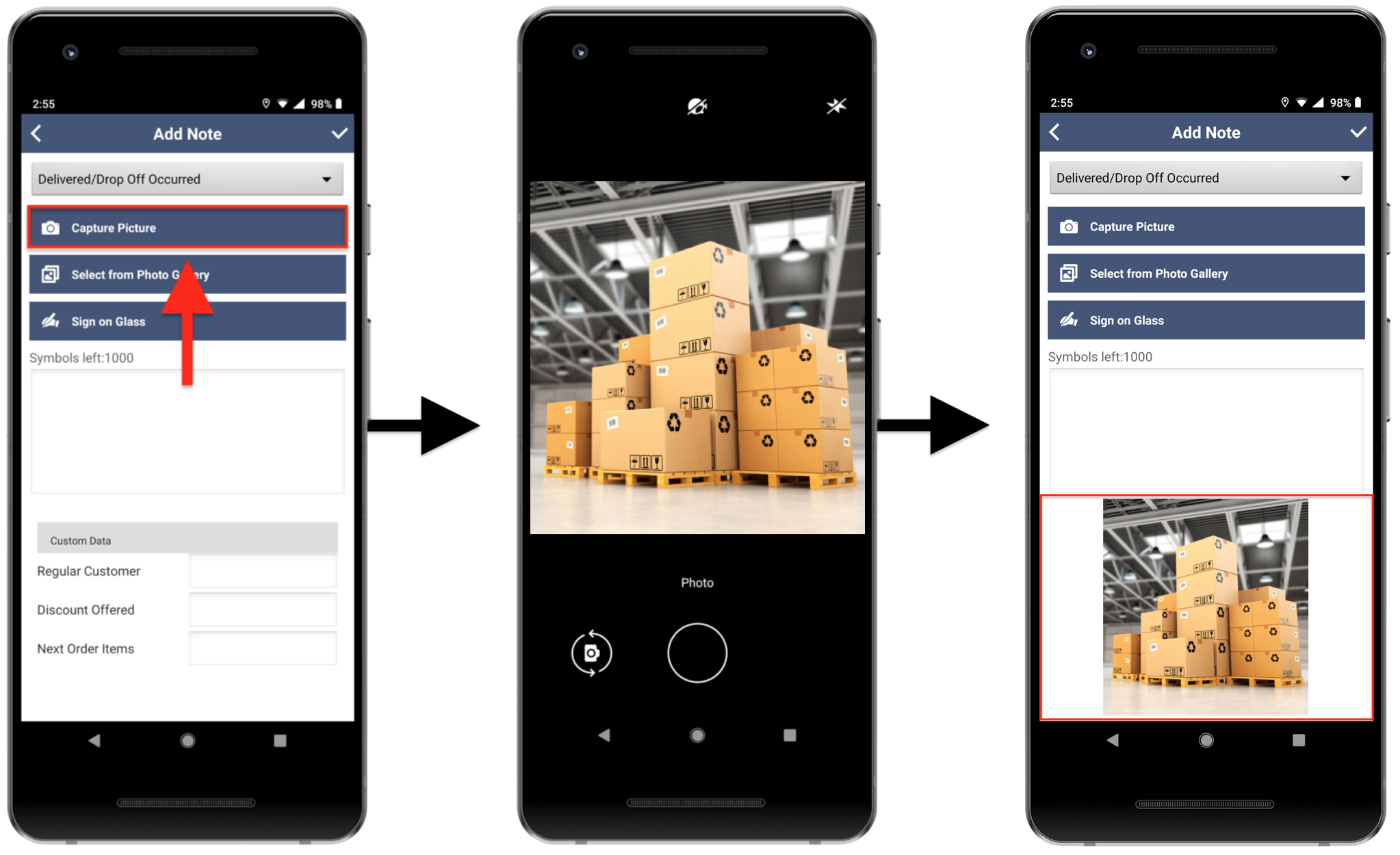 showing how to take picture as a proof of delivery in Route4Me route planner