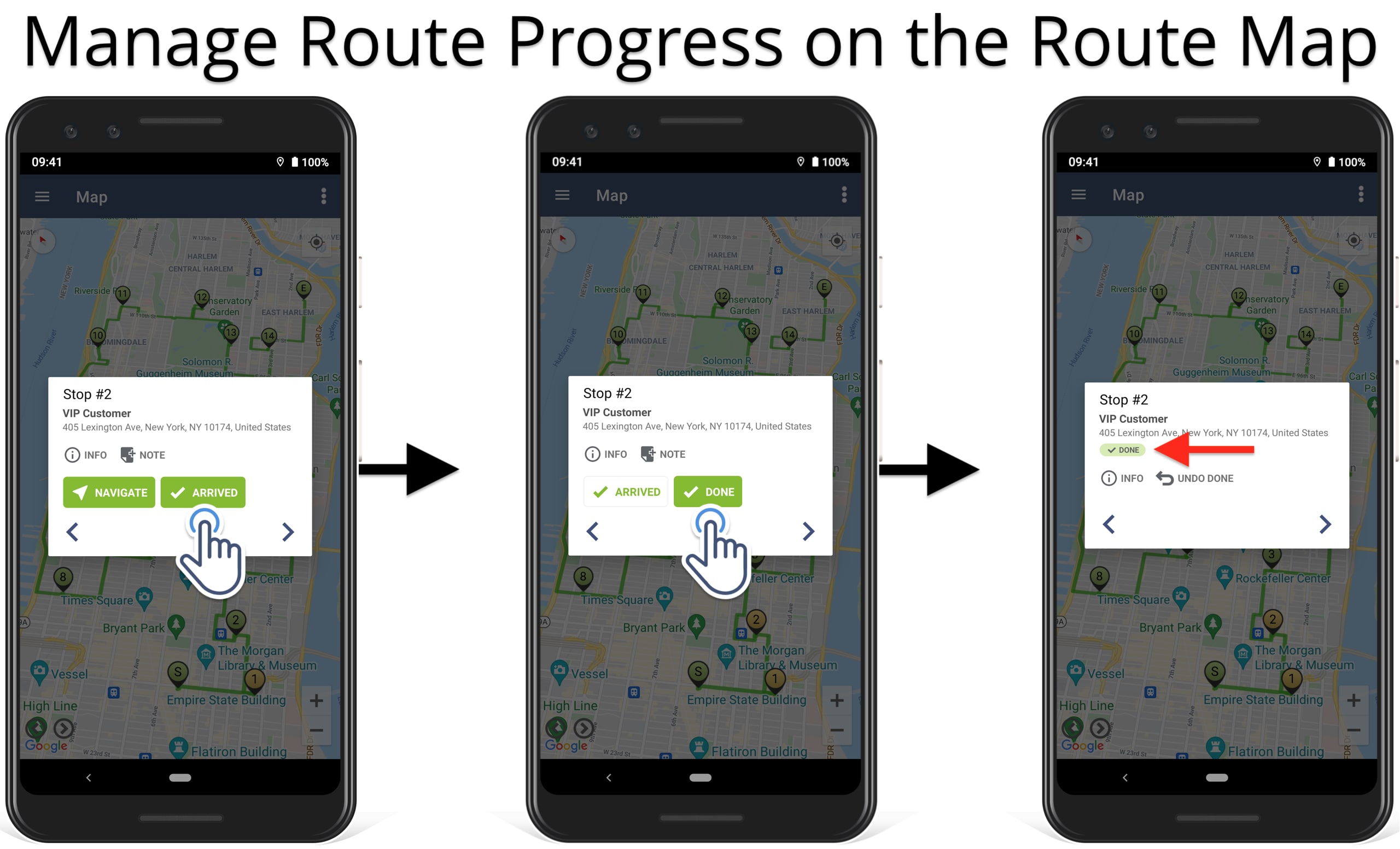 Use route planner map to mark stops as Arrived and Departed and track delivery route progress.