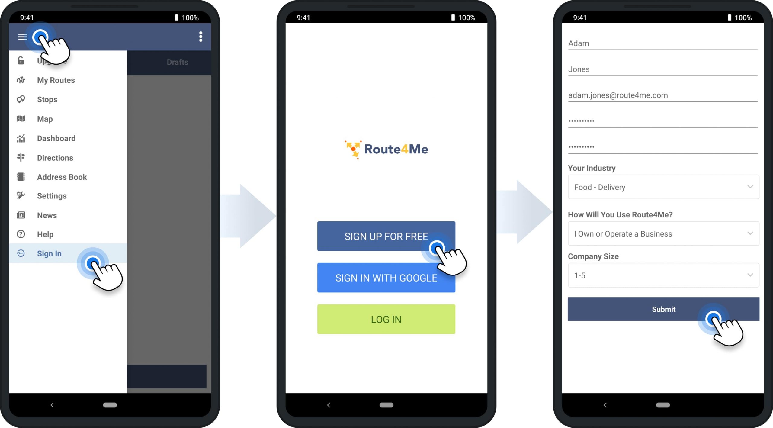 Sign up for a Route4Me Mobile account to save your optimized routes and use additional features.