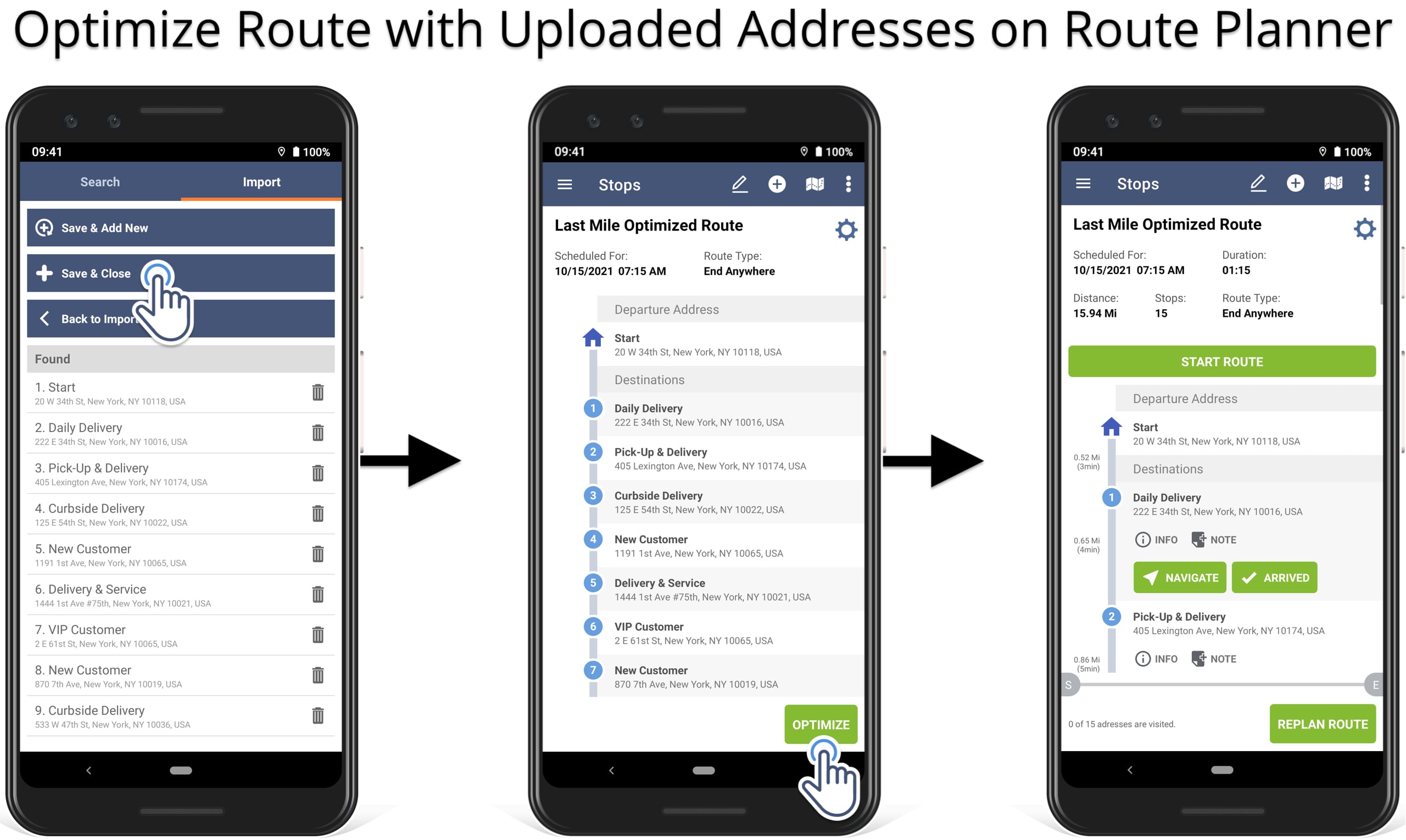 Optimize uploaded route spreadsheet addresses to plan a delivery route on route planner app.