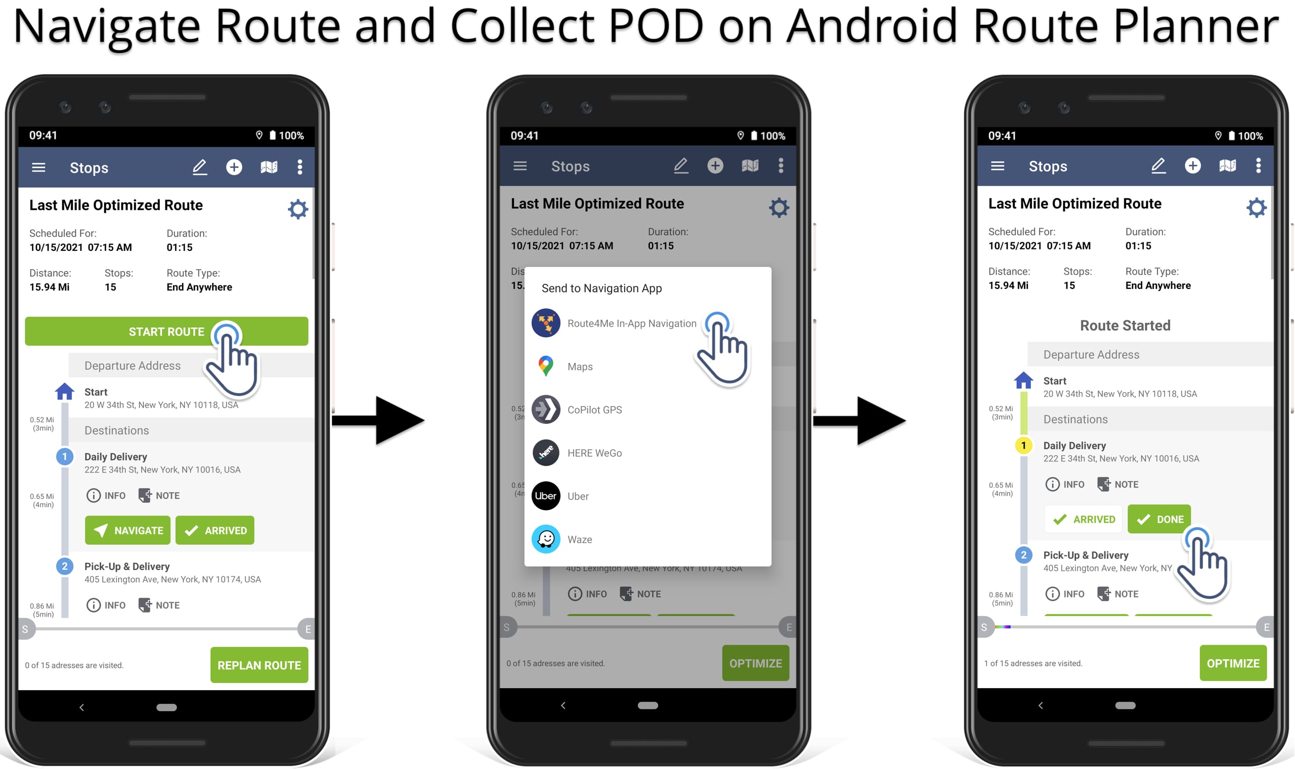 Navigate optimized delivery route with multiple locations and collect POD on route planner.
