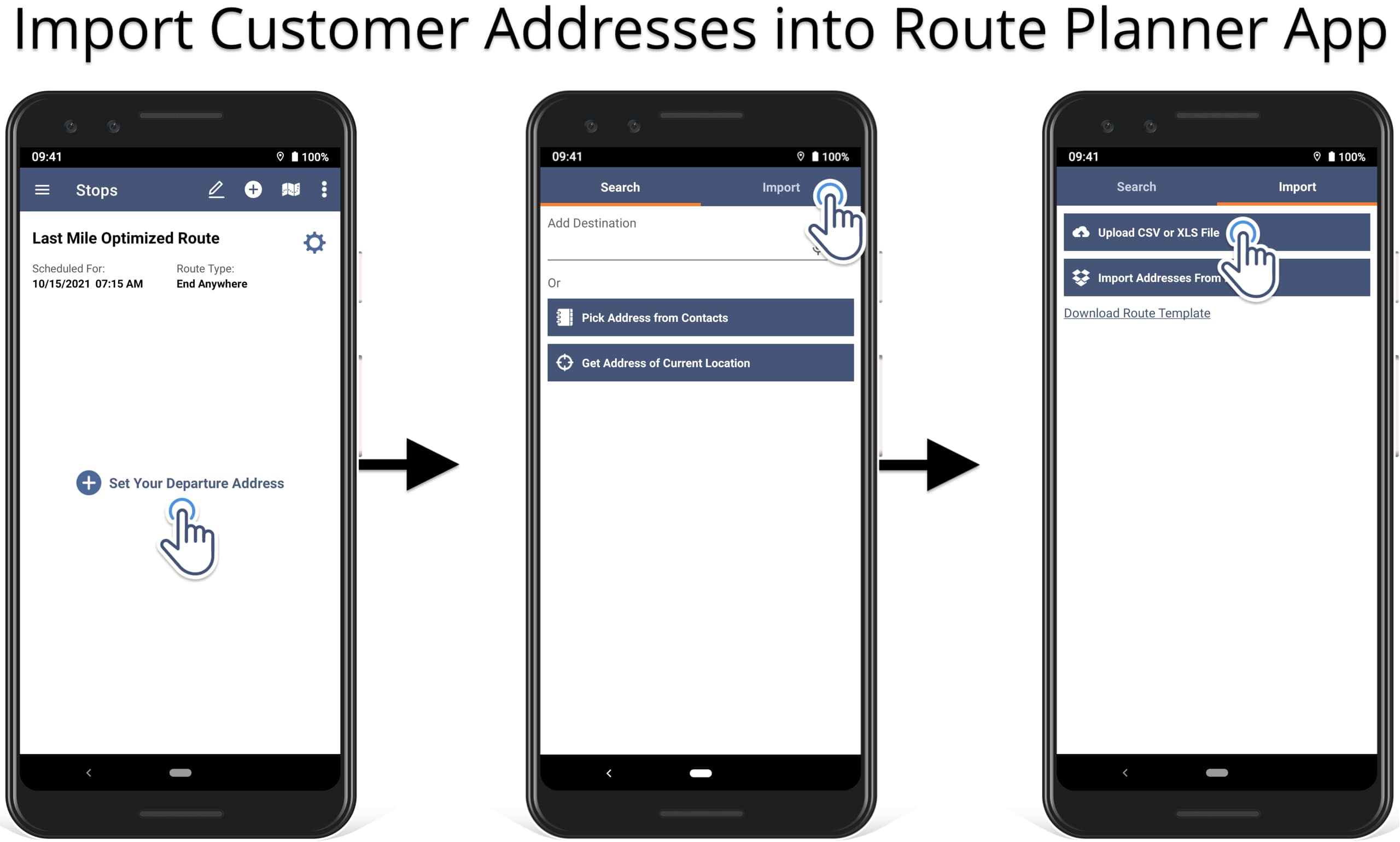 Upload route spreadsheet into the route planner app to map multiple locations for delivery.