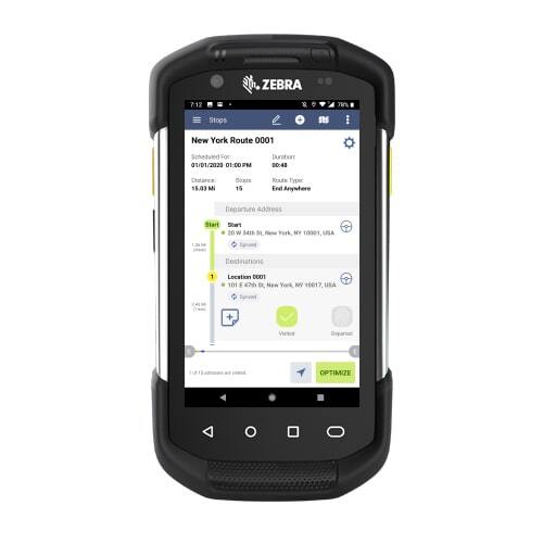 Route with multiple destinations optimized on route planner app installed on an Android Zebra technologies device